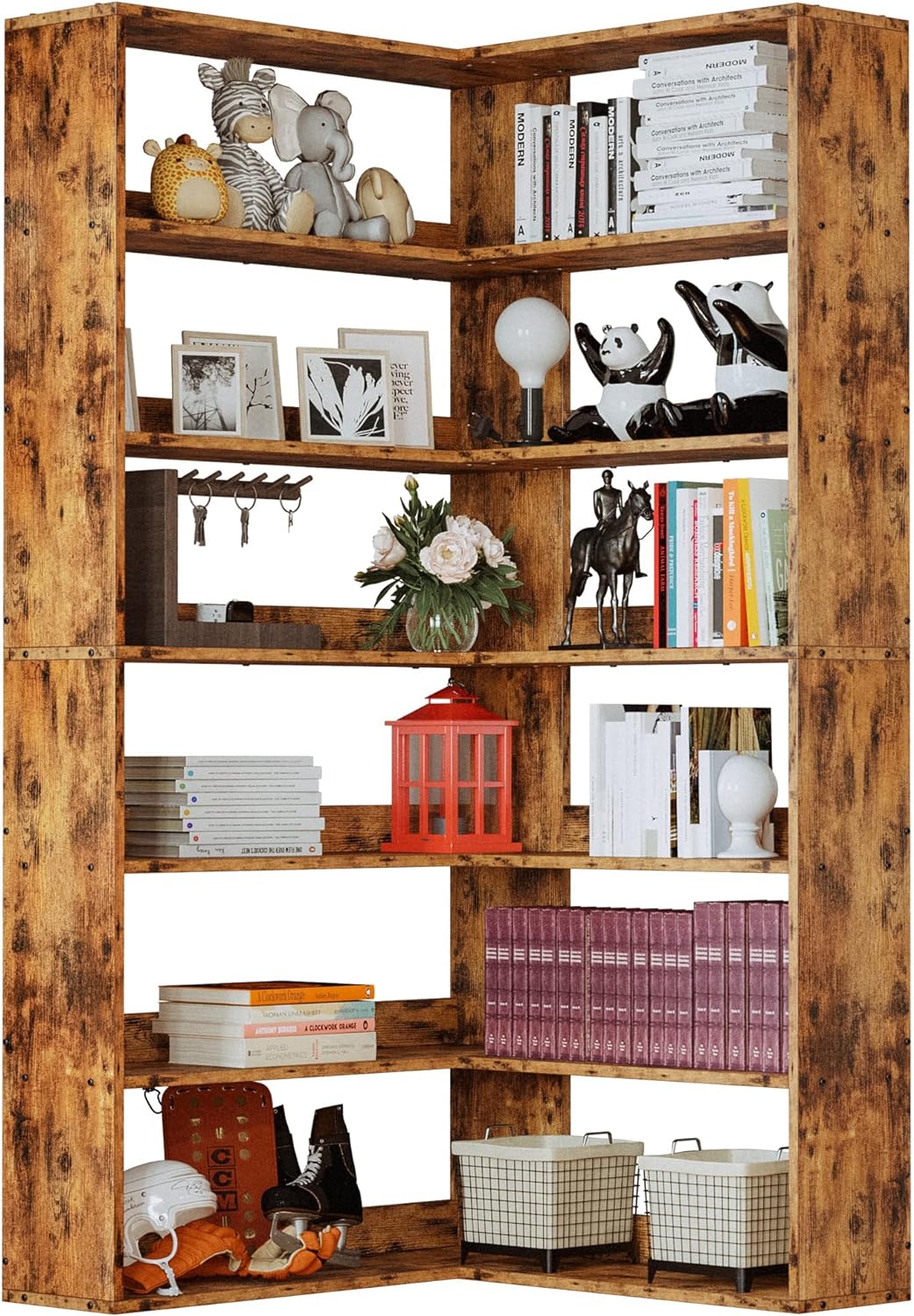 Bookshelves 6 Tiers with Baffles Industrial Large Corner Etagere Bookcase Storage Display Rack for Living Room Home Office