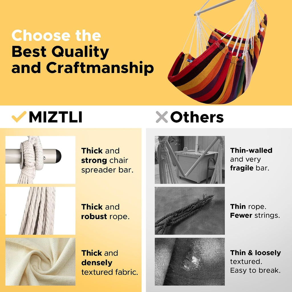 Hammock Chair Swing Indoor Outdoor 500 Lbs, Steel Bar & Anti-Slip | Heavy-Duty Steel Spreader Bar with Anti-Slip Rings, 51"L X 39"W, Includes Tree Strap & Carabiner