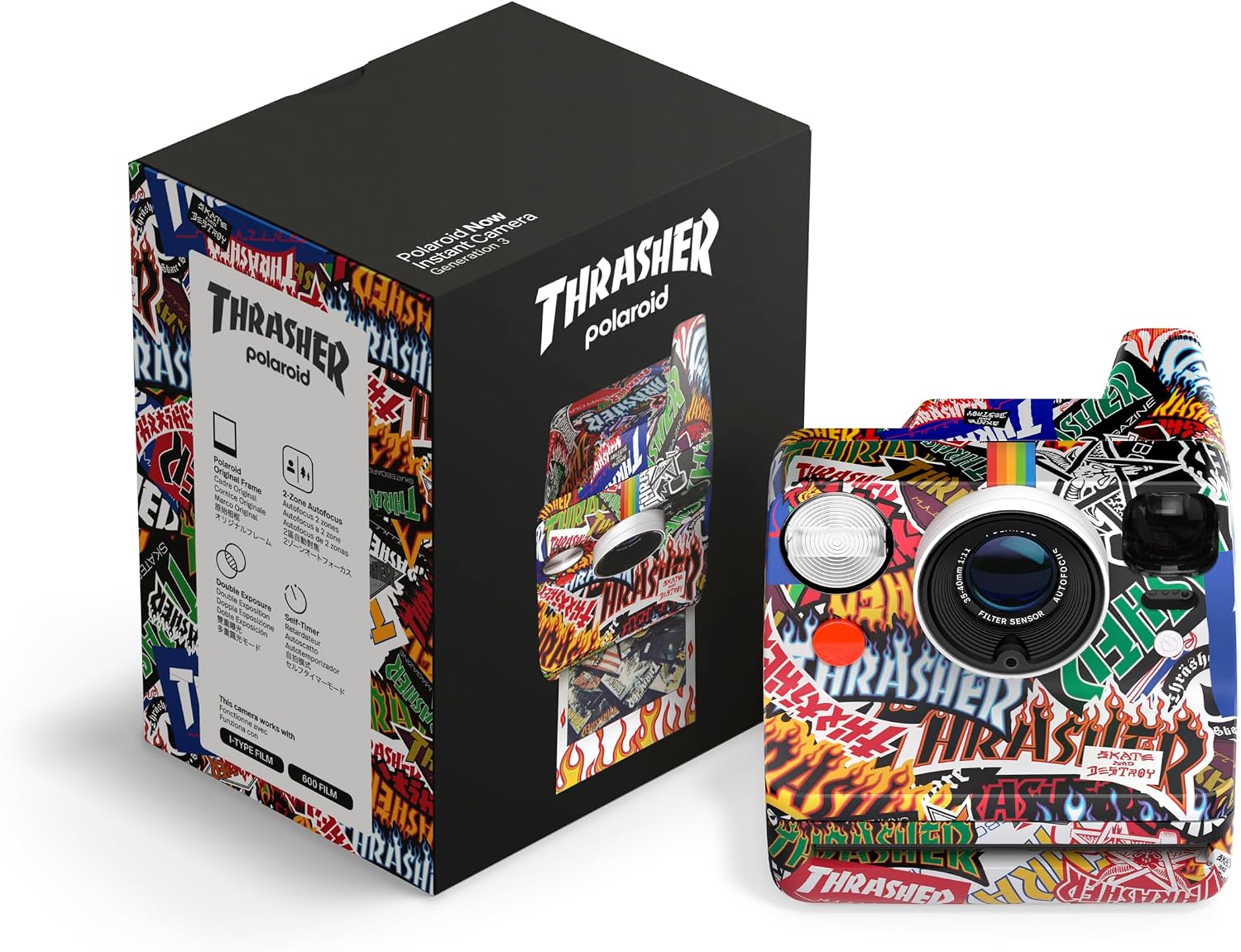 Now 3Rd Generation I-Type Instant Camera + Film Bundle - Now Black Camera + 16 Color Photos (6560)