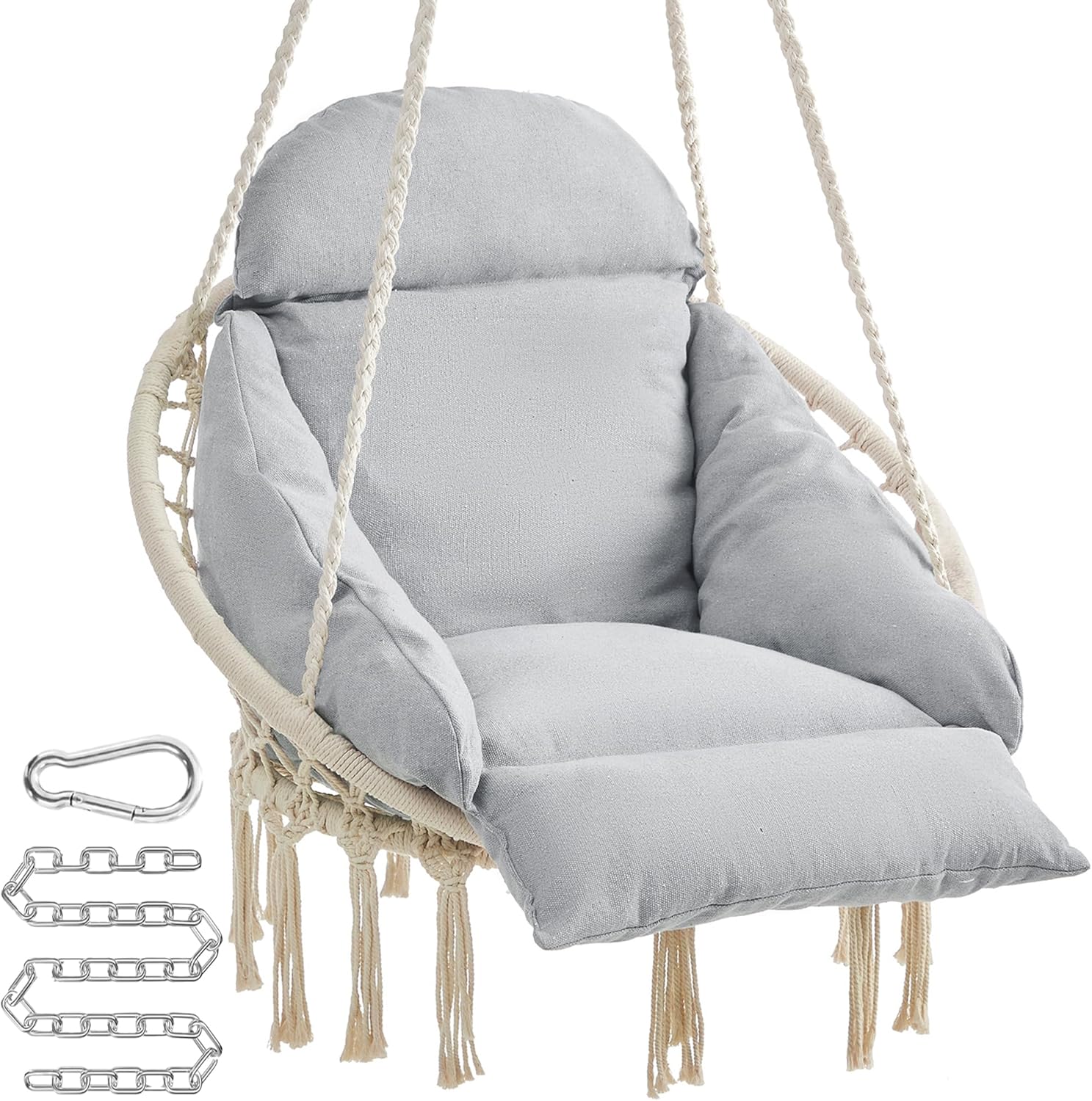 SONGMICS Hanging Chair, Hammock Chair with Large, Thick Cushion, Boho Swing Chair for Bedroom, Patio, Balcony, Garden, Holds up to 264 Lb, Accessories Included, Cream White UGDC042M01 | Hammock Chair with Large, Thick Cushion, Boho Swing Chair for Bedroom, Patio, Balcony, Cream White UGDC042M01