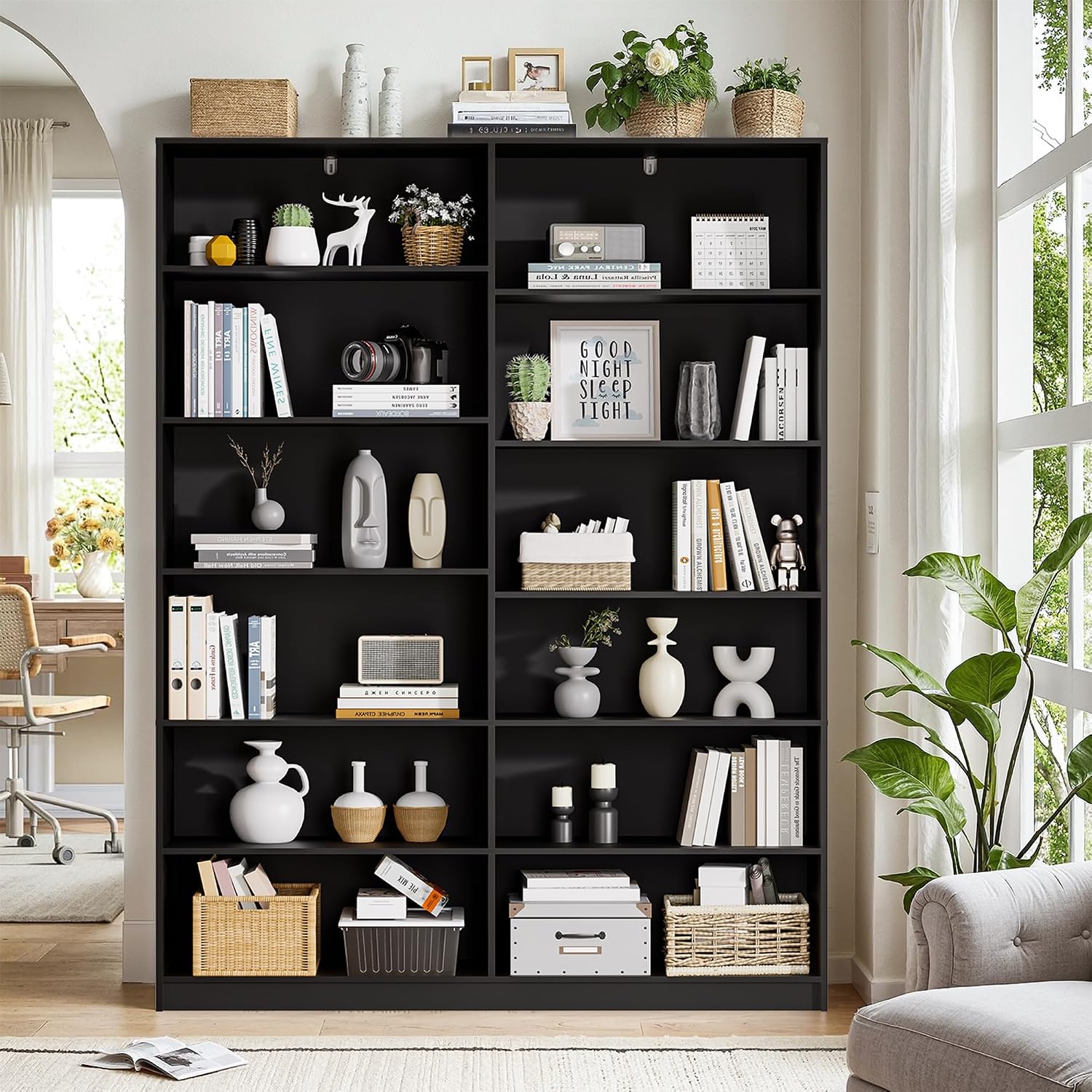 6 Tier Open Shelves Bookcase, Black Book Case with 12 Open Shelves, Freestanding Display Storage Shelves, Home Library Bookcase for Living Room Bedroom Office
