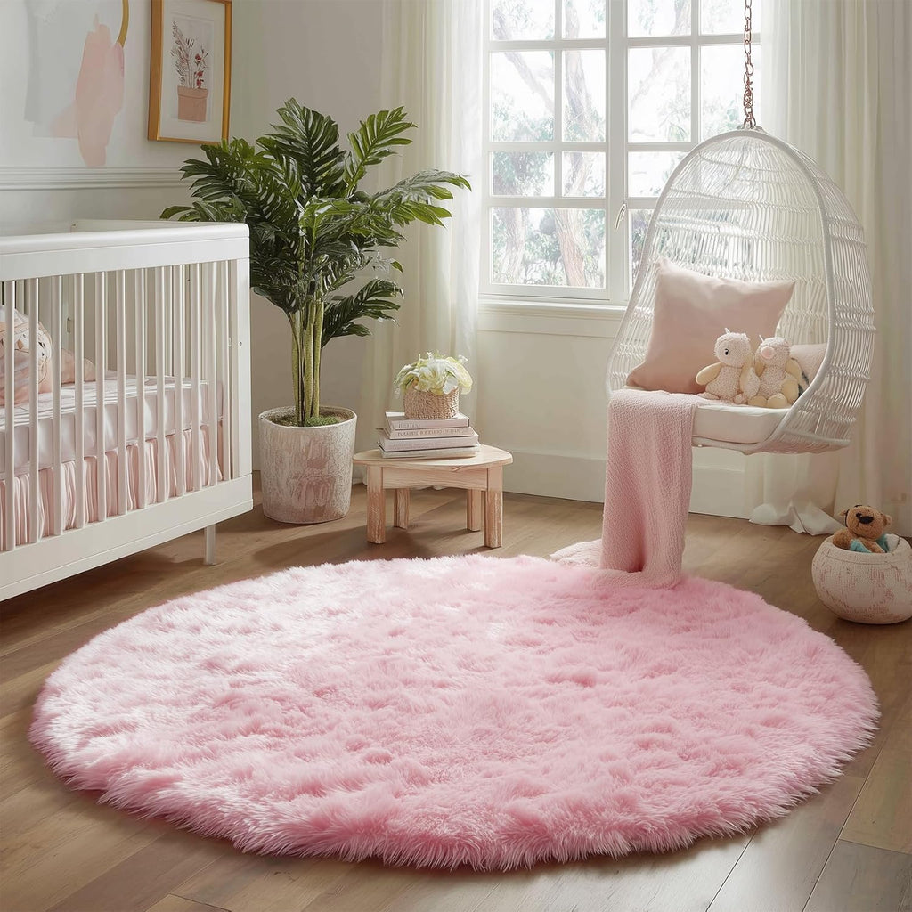Pink Circle round Fluffy Area Rug 4Ft for Girls Bedroom Kids Room | Fuzzy Shag Plush Furry Carpet, Nursery Classroom Dorm Office Playroom Decor, Cute Princess Aesthetic, Baby Toddler Corner