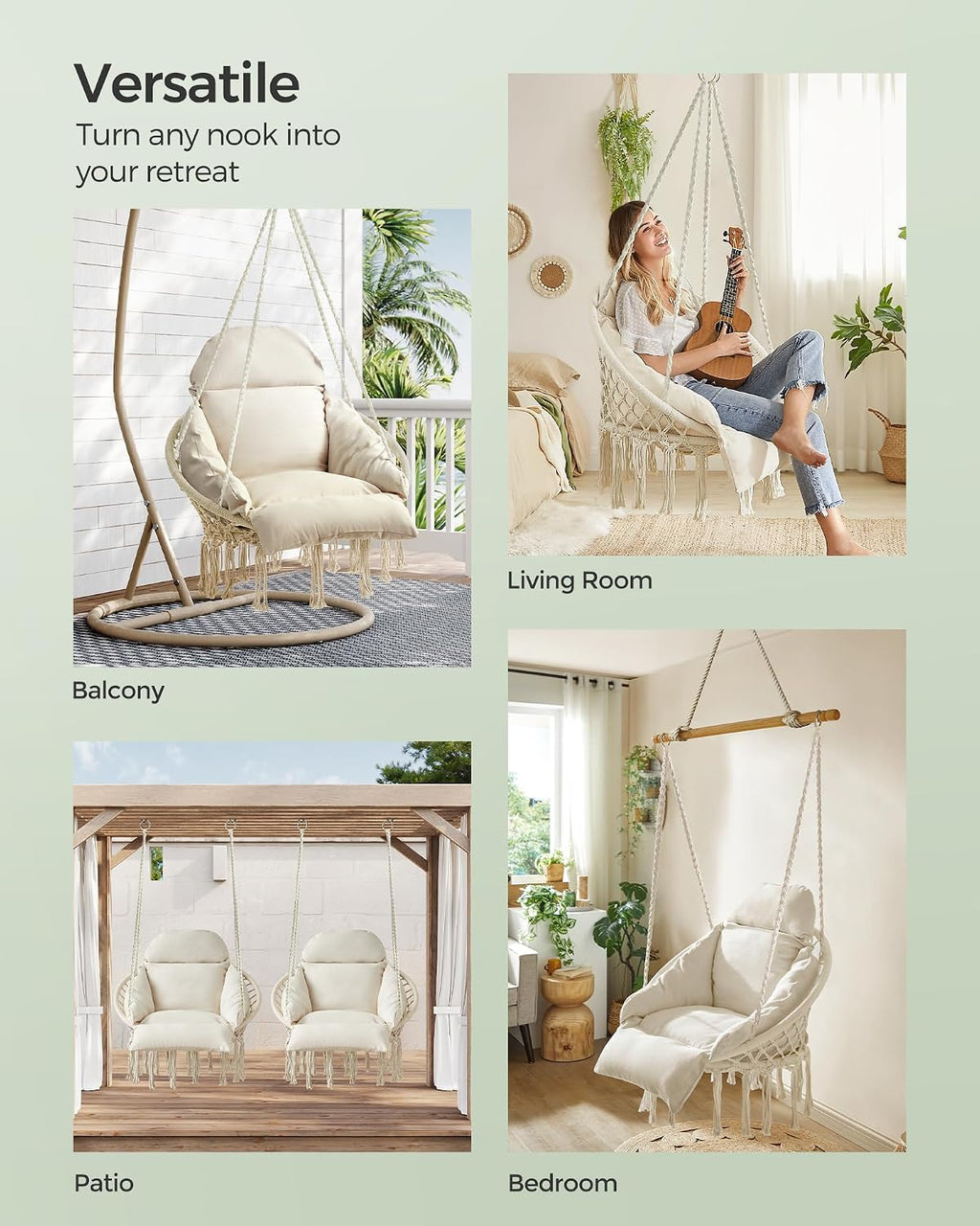 SONGMICS Hanging Chair, Hammock Chair with Large, Thick Cushion, Boho Swing Chair for Bedroom, Patio, Balcony, Garden, Holds up to 264 Lb, Accessories Included, Cream White UGDC042M01 | Hammock Chair with Large, Thick Cushion, Boho Swing Chair for Bedroom, Patio, Balcony, Cream White UGDC042M01
