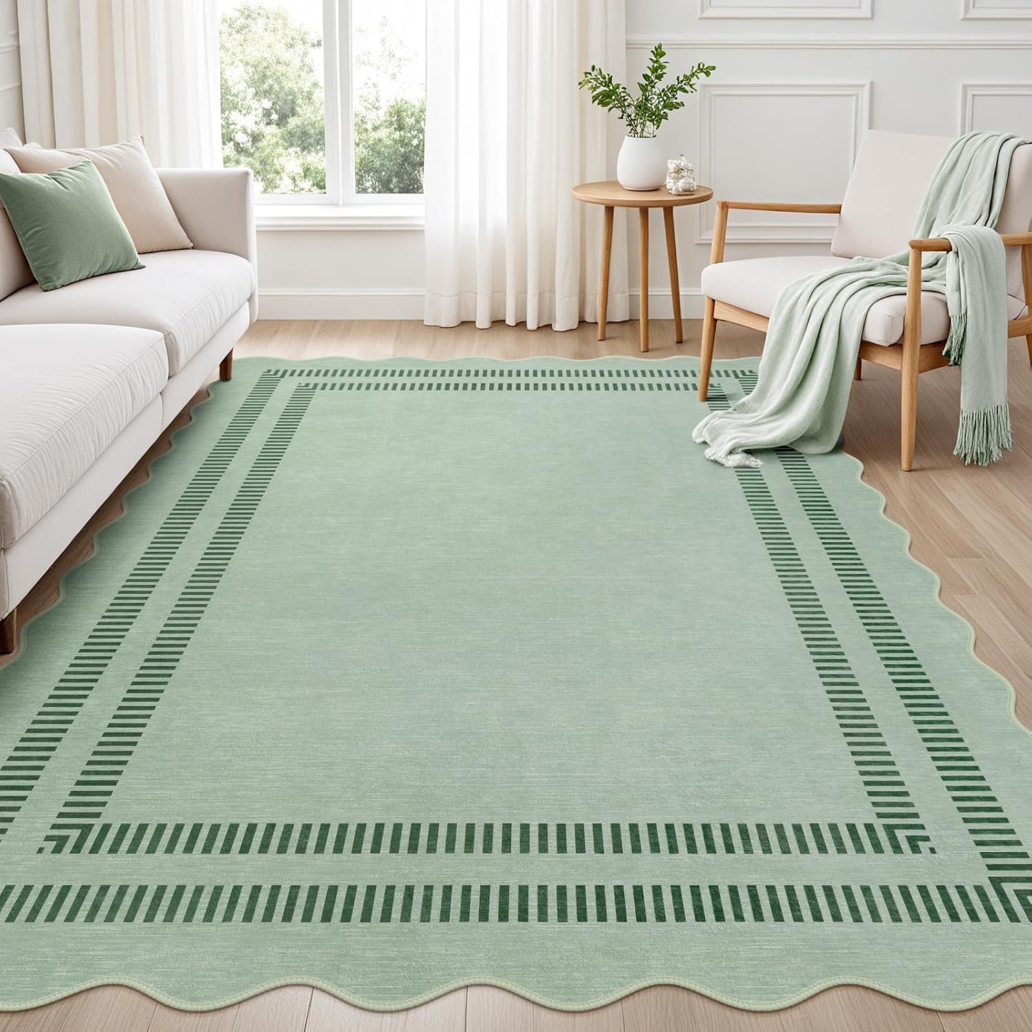 Pink Rugs for Bedroom Girls, 5X7 Washable Non Slip Area Rugs for Living Room, Soft Vintage Ultra-Thin Scalloped Carpet for Nursery Dorm Home Decor