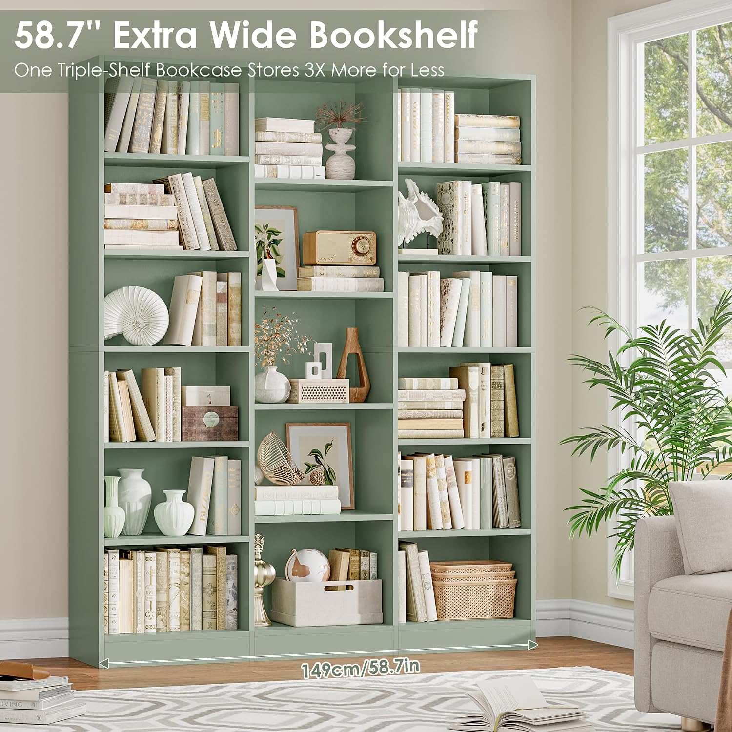 Triple Wide Bookshelf, Large Bookshelf with 17 Display Shelves | 74'' Tall Bookcases and Bookshelves, 58.7'' Extra Wide Book Shelves, 5/6 Tier Shelves for Living Room, Office, Library, Green