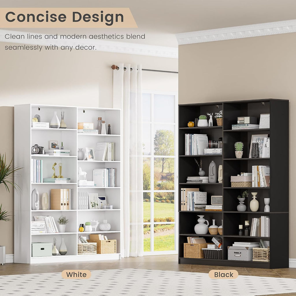 6 Tier Open Shelves Bookcase, Black Book Case with 12 Open Shelves, Freestanding Display Storage Shelves, Home Library Bookcase for Living Room Bedroom Office