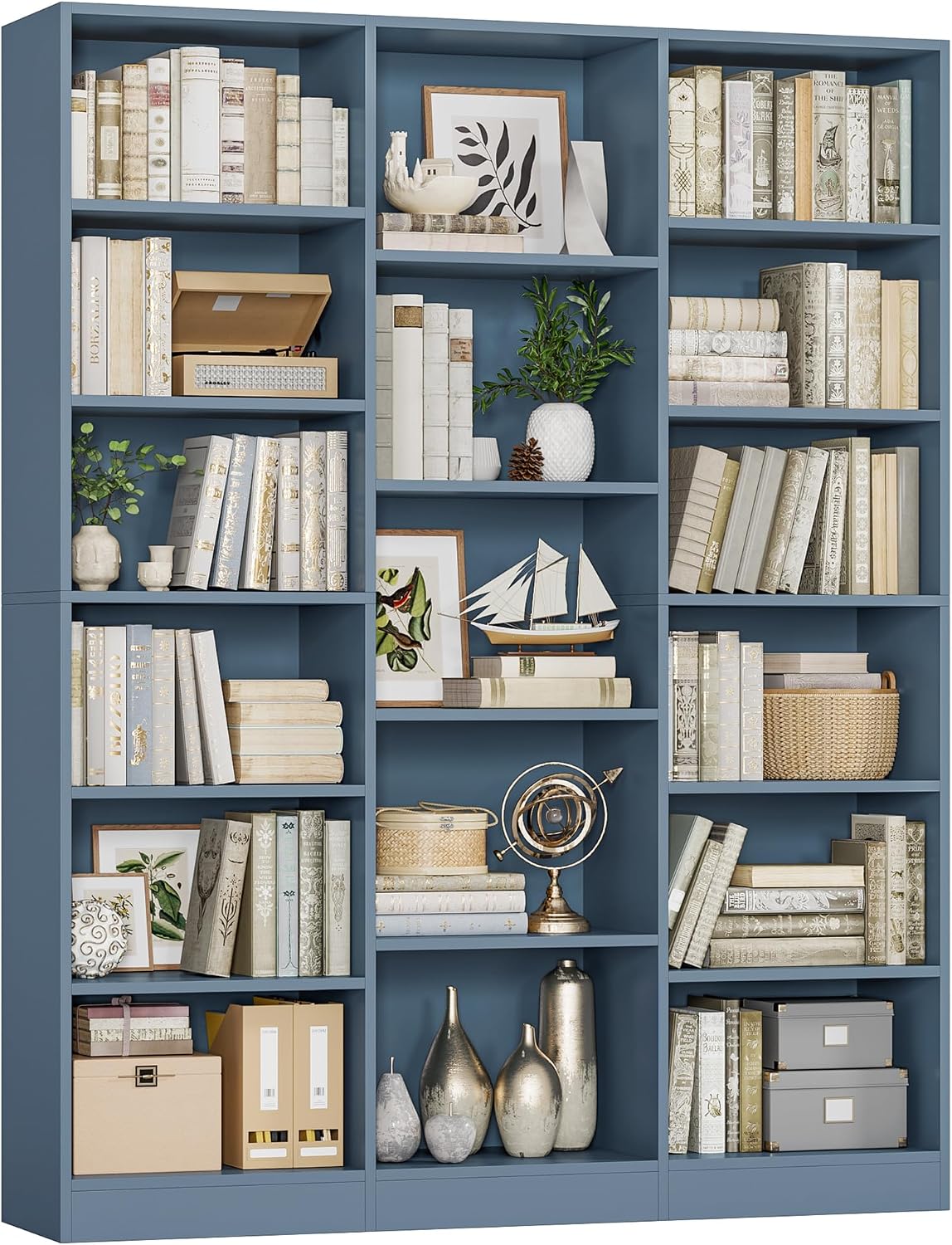 Triple Wide Bookshelf, Large Bookshelf with 17 Display Shelves | 74'' Tall Bookcases and Bookshelves, 58.7'' Extra Wide Book Shelves, 5/6 Tier Shelves for Living Room, Office, Library, Green