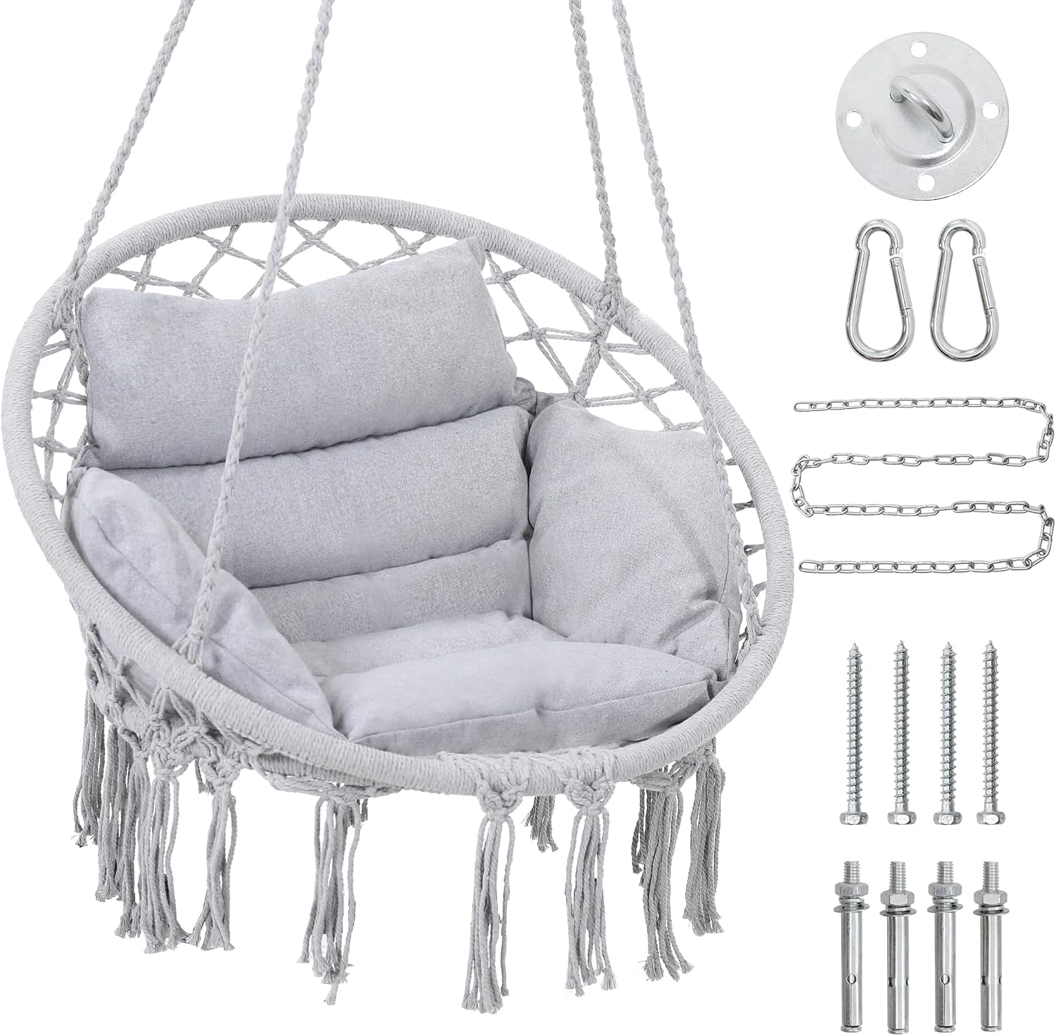 Macrame Swing Chair, Hanging Chair for Bedroom, Thick Cushion | No Assembly, 100% Cotton Rope, Overstuffed Cushion, Rustproof Frame, Handwoven Macrame, Boho Swing for Bedroom, Porch, Beige