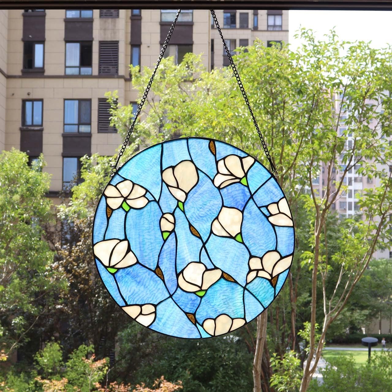 W10063 Magnolia Flower Tiffany Style Stained Glass Window Panel with Chain, round Shape, 16-Inch Wide