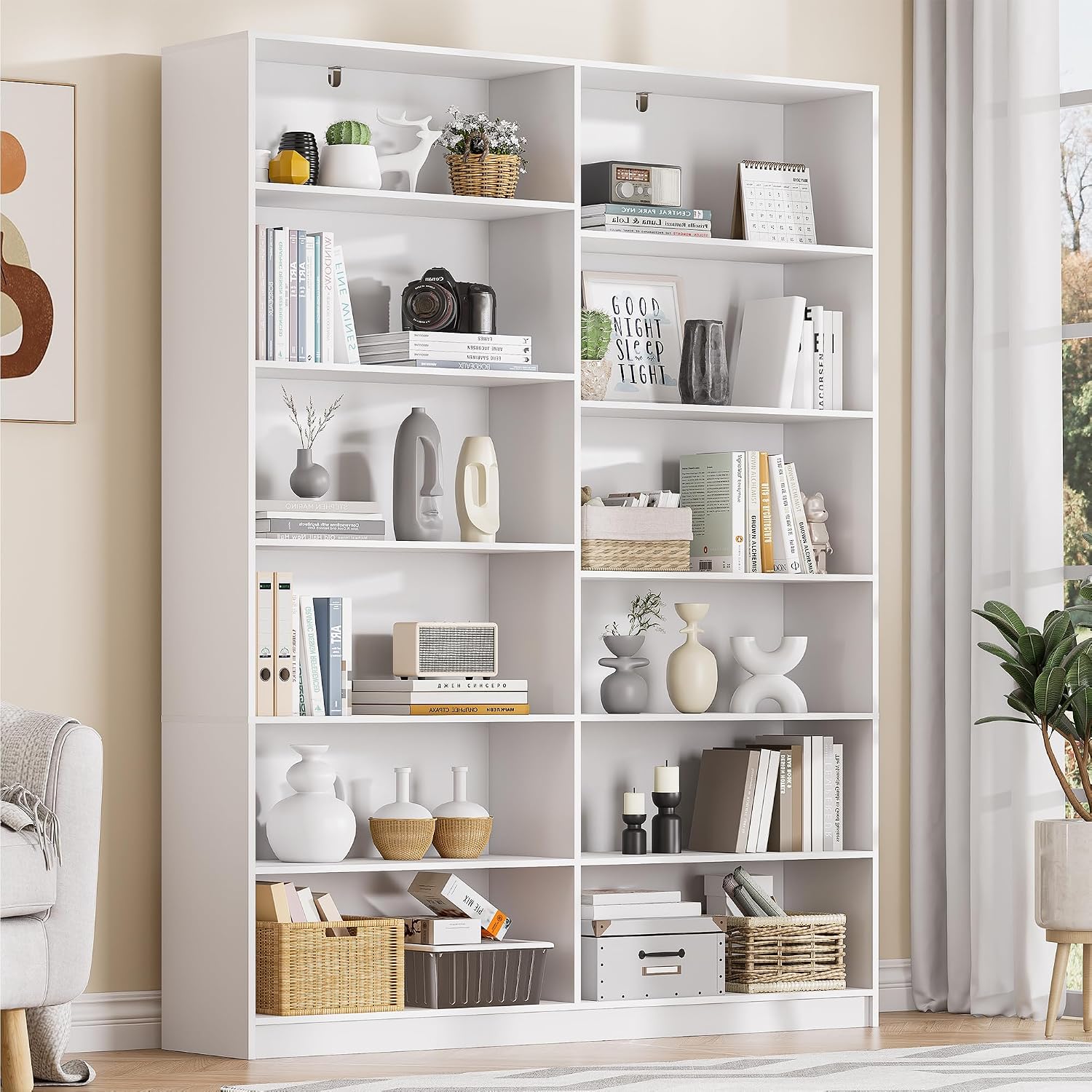 6 Tier Open Shelves Bookcase, Black Book Case with 12 Open Shelves, Freestanding Display Storage Shelves, Home Library Bookcase for Living Room Bedroom Office
