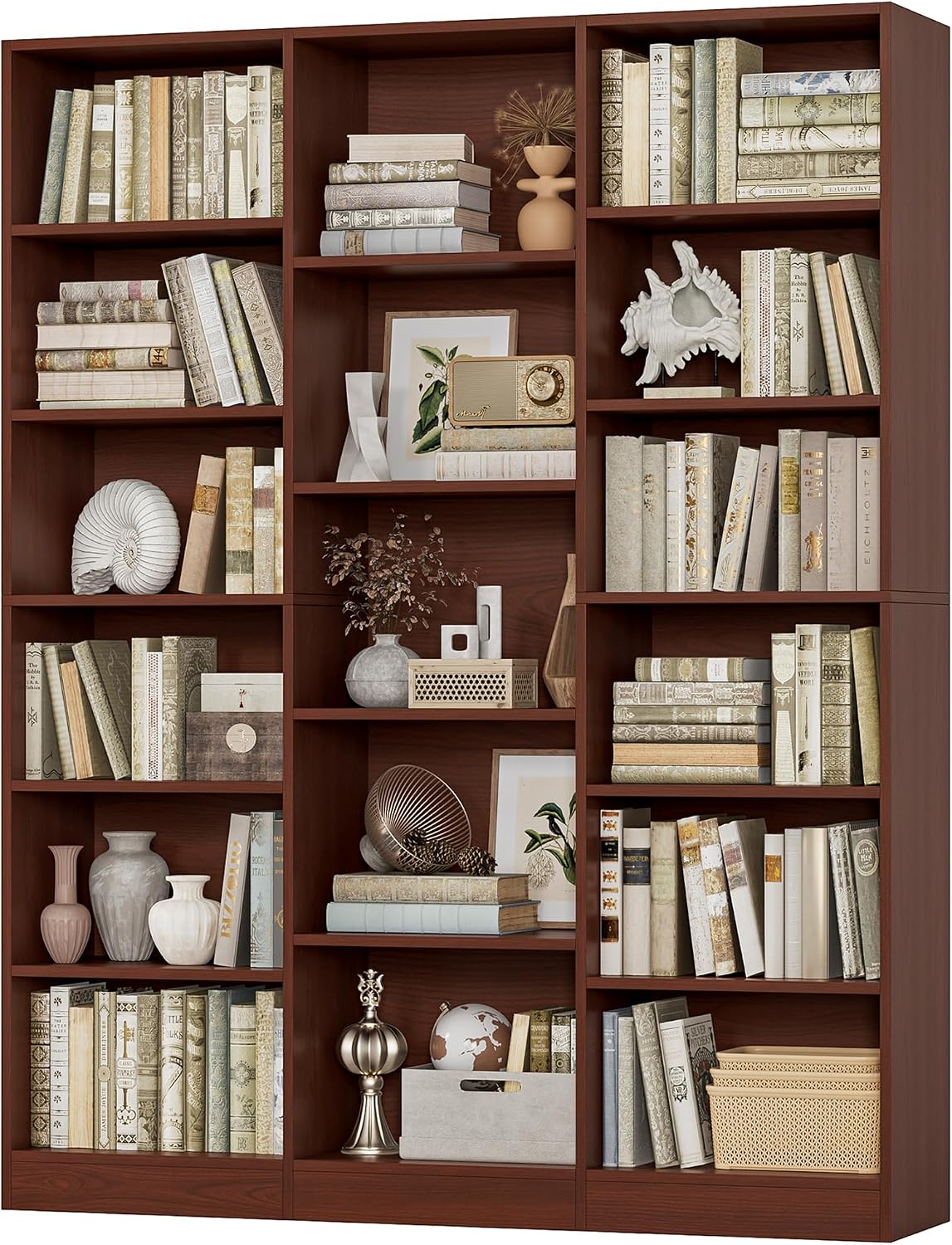 Triple Wide Bookshelf, Large Bookshelf with 17 Display Shelves | 74'' Tall Bookcases and Bookshelves, 58.7'' Extra Wide Book Shelves, 5/6 Tier Shelves for Living Room, Office, Library, Green