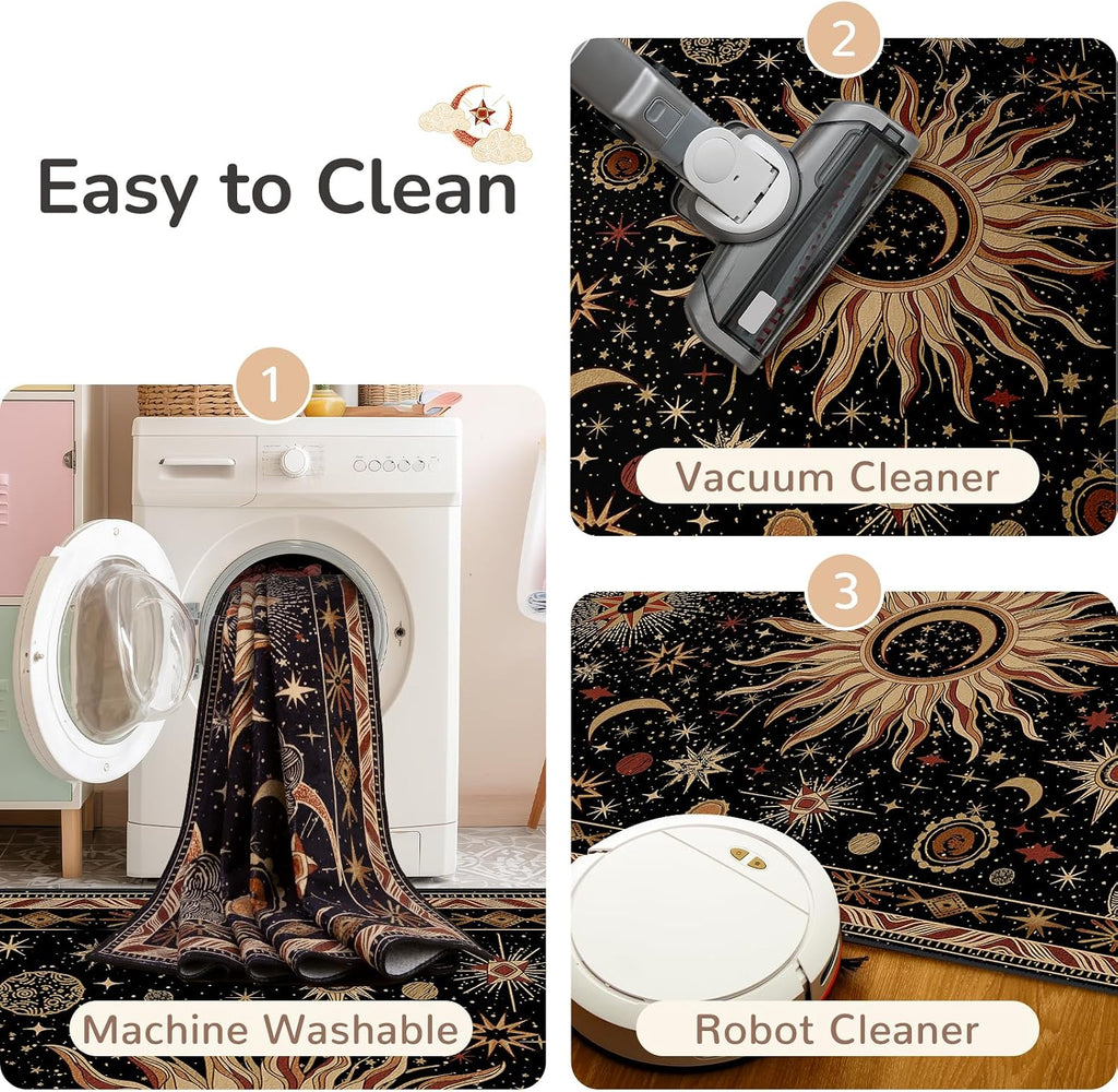 Vacuum-Friendly, 5X7 Washable Area Rug, Black Gold Beige Red | Sun and Moon Boho Gothic Non-Slip Low Pile Living Roon Bedroom Dining Room Kitchen Entry Entryway Entrance Hallway Doormat