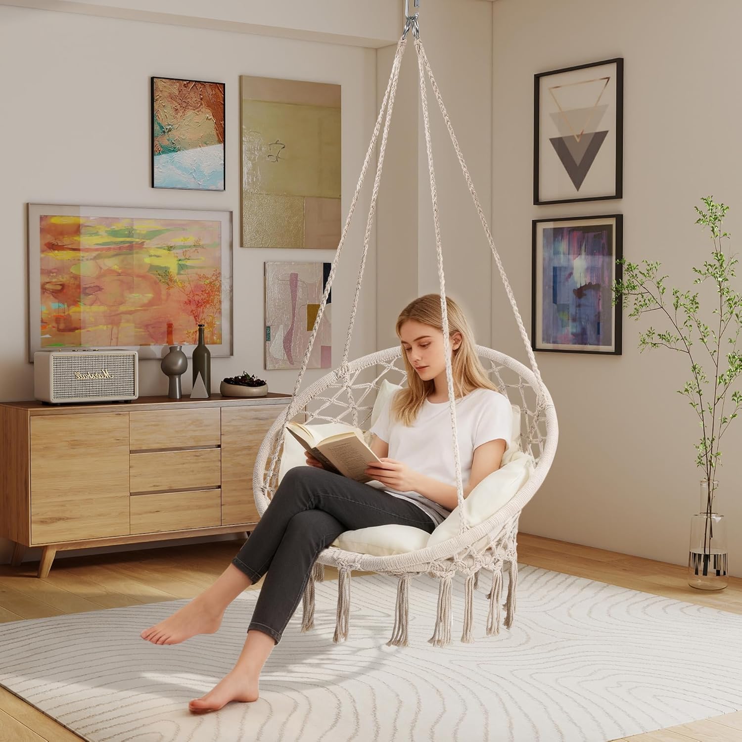Macrame Swing Chair, Hanging Chair for Bedroom, Thick Cushion | No Assembly, 100% Cotton Rope, Overstuffed Cushion, Rustproof Frame, Handwoven Macrame, Boho Swing for Bedroom, Porch, Beige