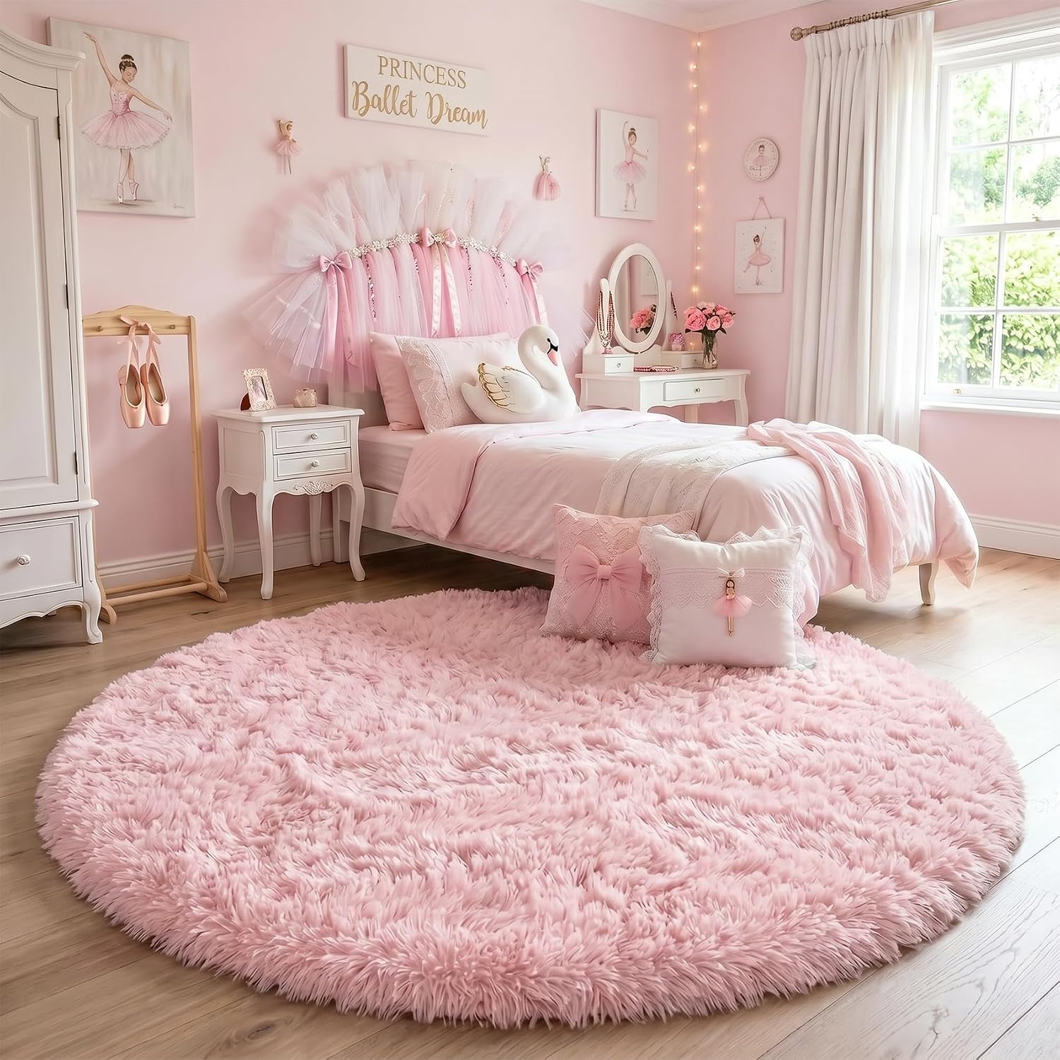 Pink Circle round Fluffy Area Rug 4Ft for Girls Bedroom Kids Room | Fuzzy Shag Plush Furry Carpet, Nursery Classroom Dorm Office Playroom Decor, Cute Princess Aesthetic, Baby Toddler Corner
