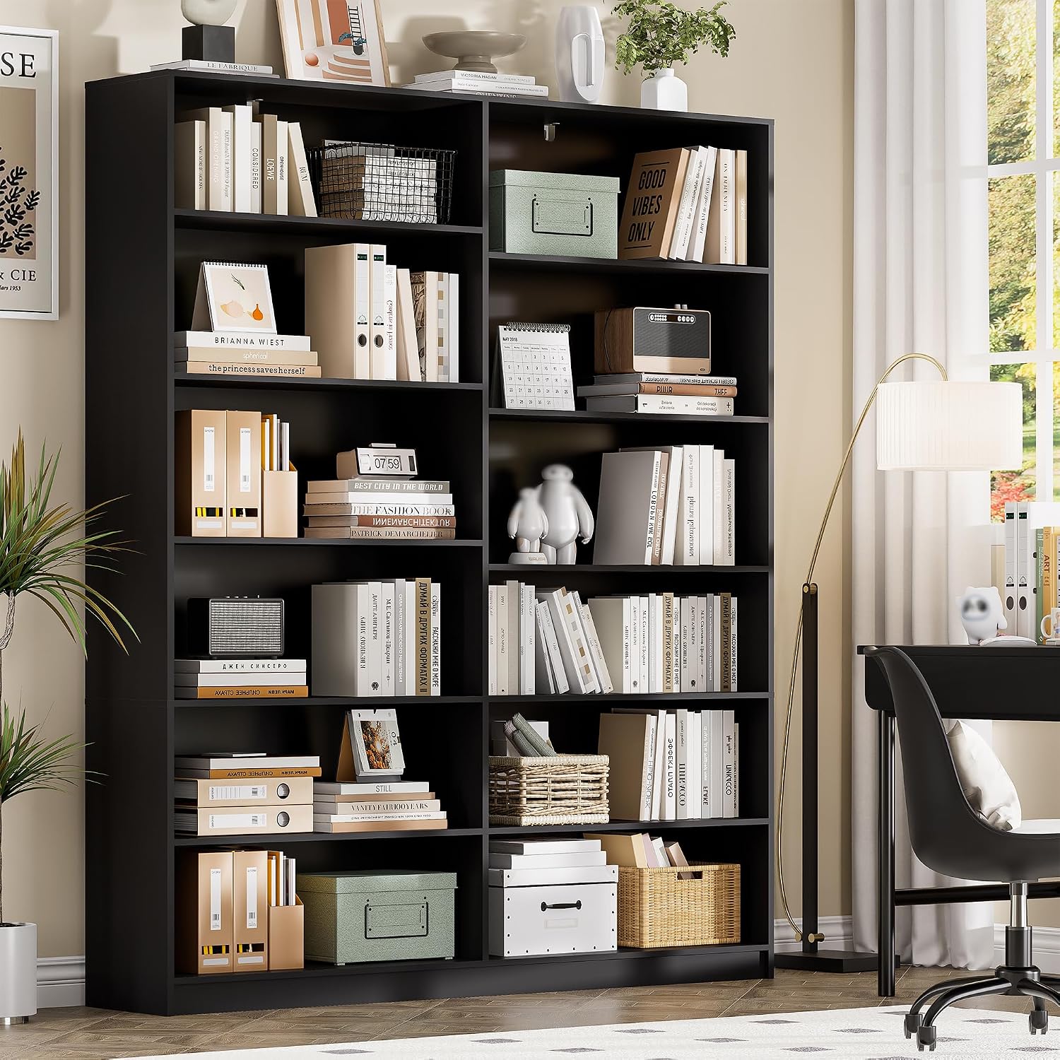 6 Tier Open Shelves Bookcase, Black Book Case with 12 Open Shelves, Freestanding Display Storage Shelves, Home Library Bookcase for Living Room Bedroom Office