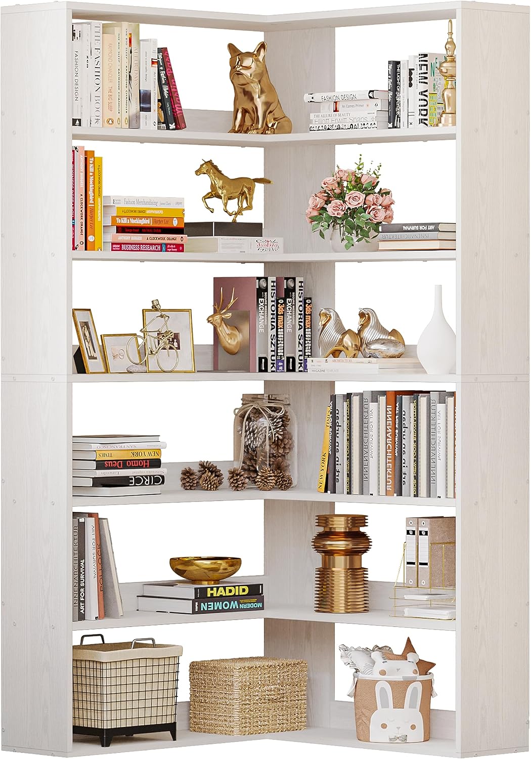 Bookshelves 6 Tiers with Baffles Industrial Large Corner Etagere Bookcase Storage Display Rack for Living Room Home Office