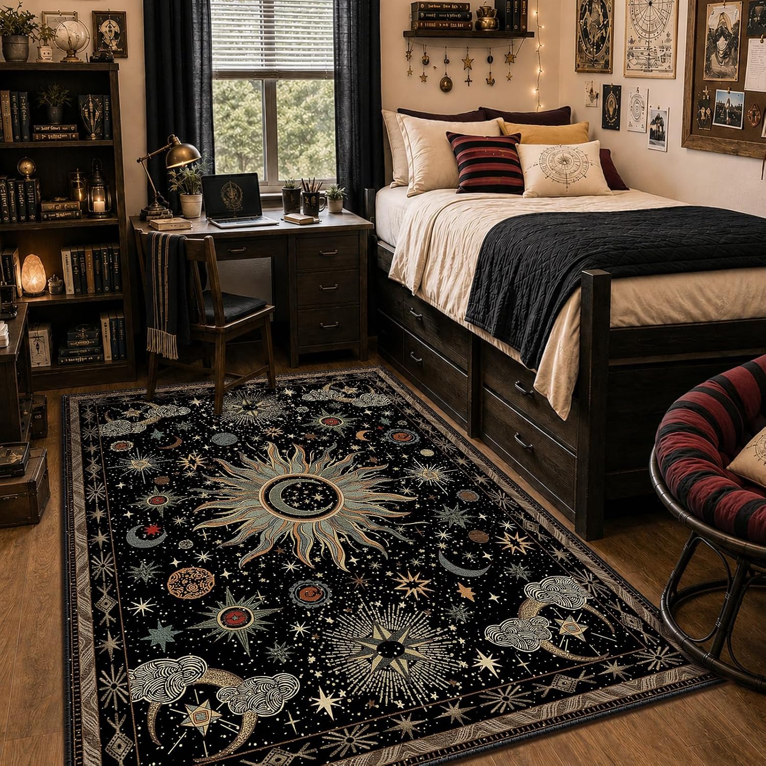 Vacuum-Friendly, 5X7 Washable Area Rug, Black Gold Beige Red | Sun and Moon Boho Gothic Non-Slip Low Pile Living Roon Bedroom Dining Room Kitchen Entry Entryway Entrance Hallway Doormat