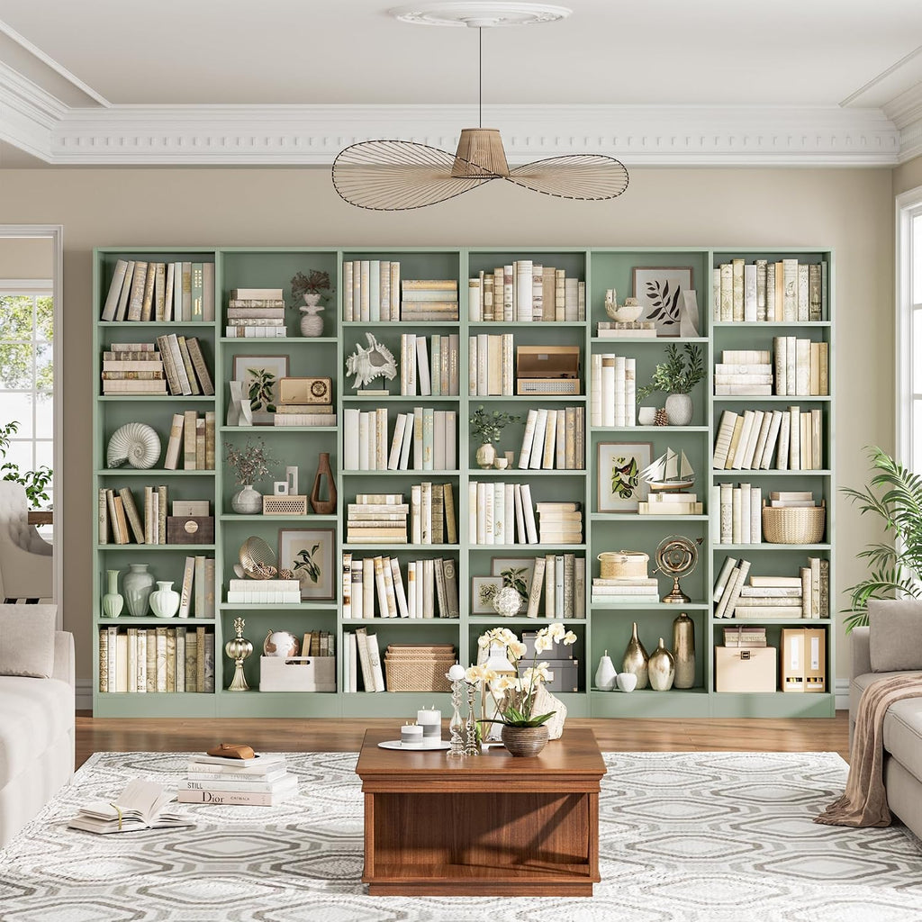 Triple Wide Bookshelf, Large Bookshelf with 17 Display Shelves | 74'' Tall Bookcases and Bookshelves, 58.7'' Extra Wide Book Shelves, 5/6 Tier Shelves for Living Room, Office, Library, Green
