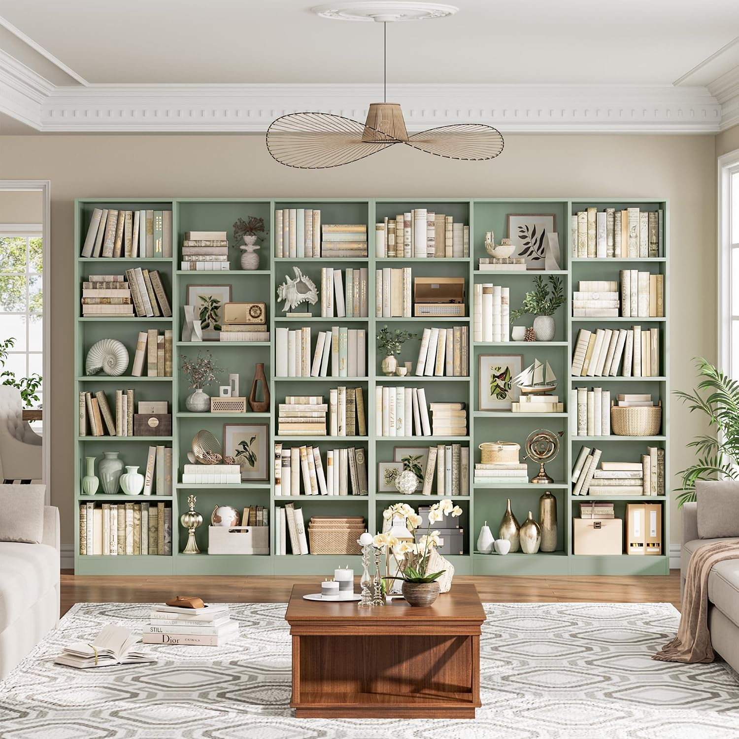 Triple Wide Bookshelf, Large Bookshelf with 17 Display Shelves | 74'' Tall Bookcases and Bookshelves, 58.7'' Extra Wide Book Shelves, 5/6 Tier Shelves for Living Room, Office, Library, Green