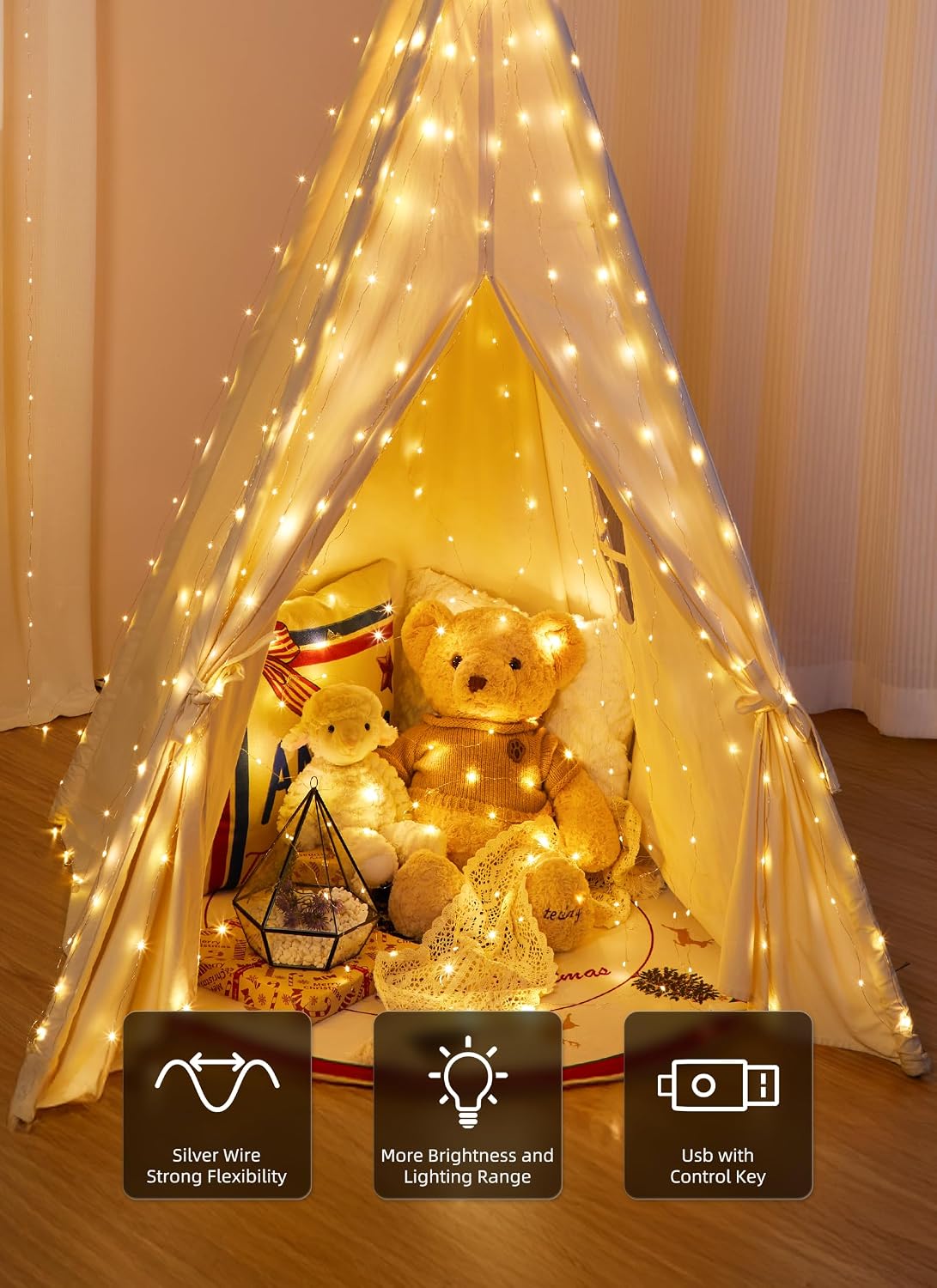 300 LED Fairy Curtain Lights, 9.8Ft X 9.8Ft String Lights | USB Plug in 8 Lighting Modes Christmas String Hanging Lights with Remote for Bedroom Indoor Outdoor Party Xmas Warm White