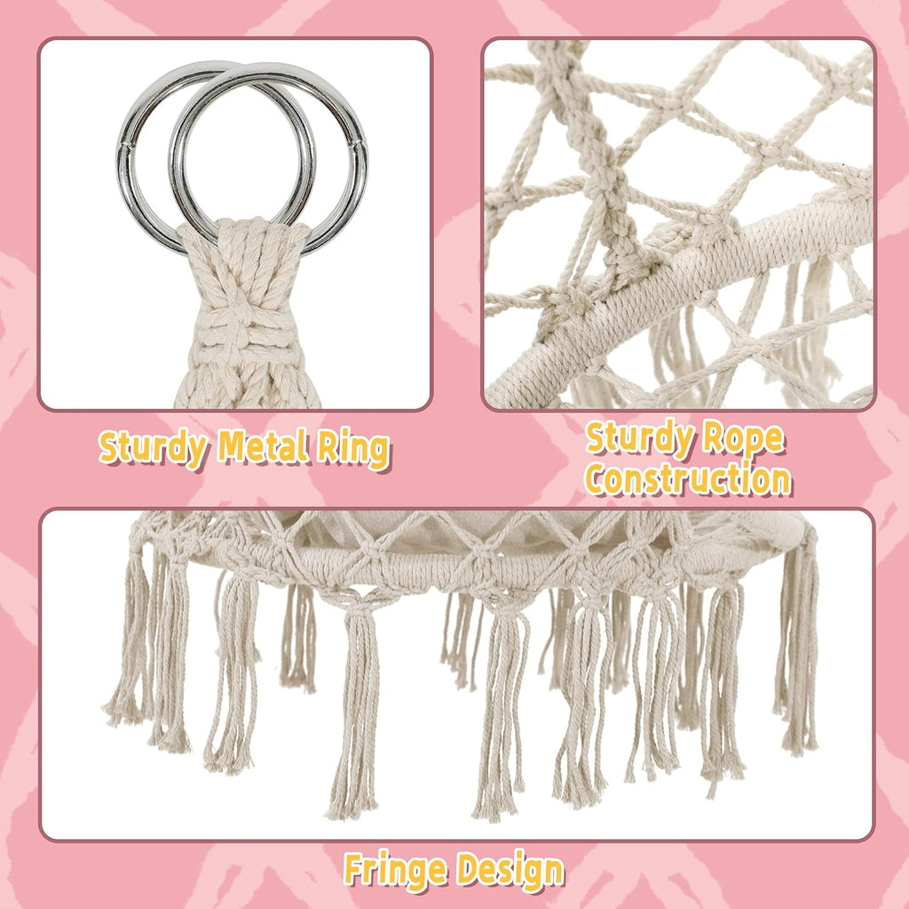 Macrame Swing Chair, Hanging Chair for Bedroom, Thick Cushion | No Assembly, 100% Cotton Rope, Overstuffed Cushion, Rustproof Frame, Handwoven Macrame, Boho Swing for Bedroom, Porch, Beige