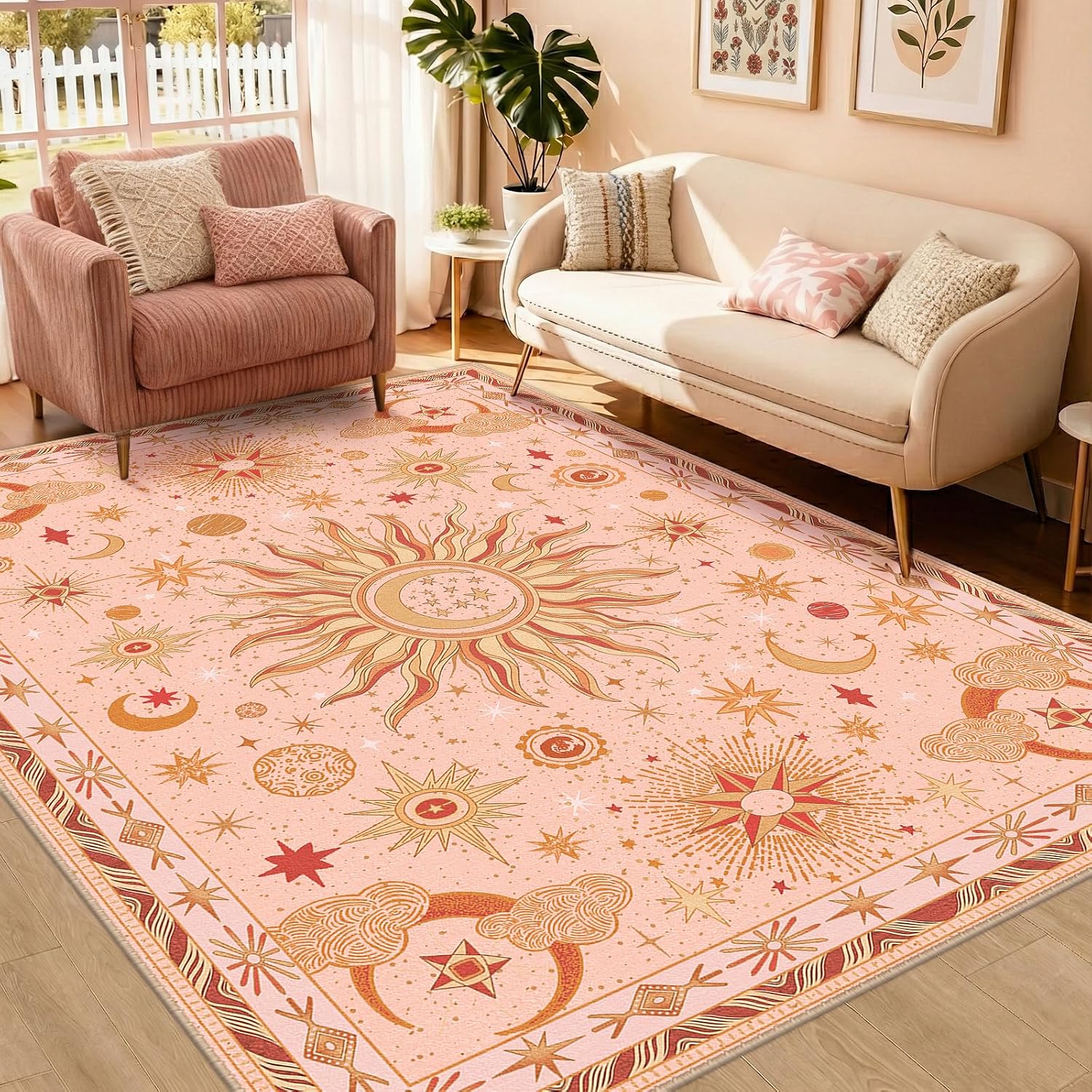 Vacuum-Friendly, 5X7 Washable Area Rug, Black Gold Beige Red | Sun and Moon Boho Gothic Non-Slip Low Pile Living Roon Bedroom Dining Room Kitchen Entry Entryway Entrance Hallway Doormat
