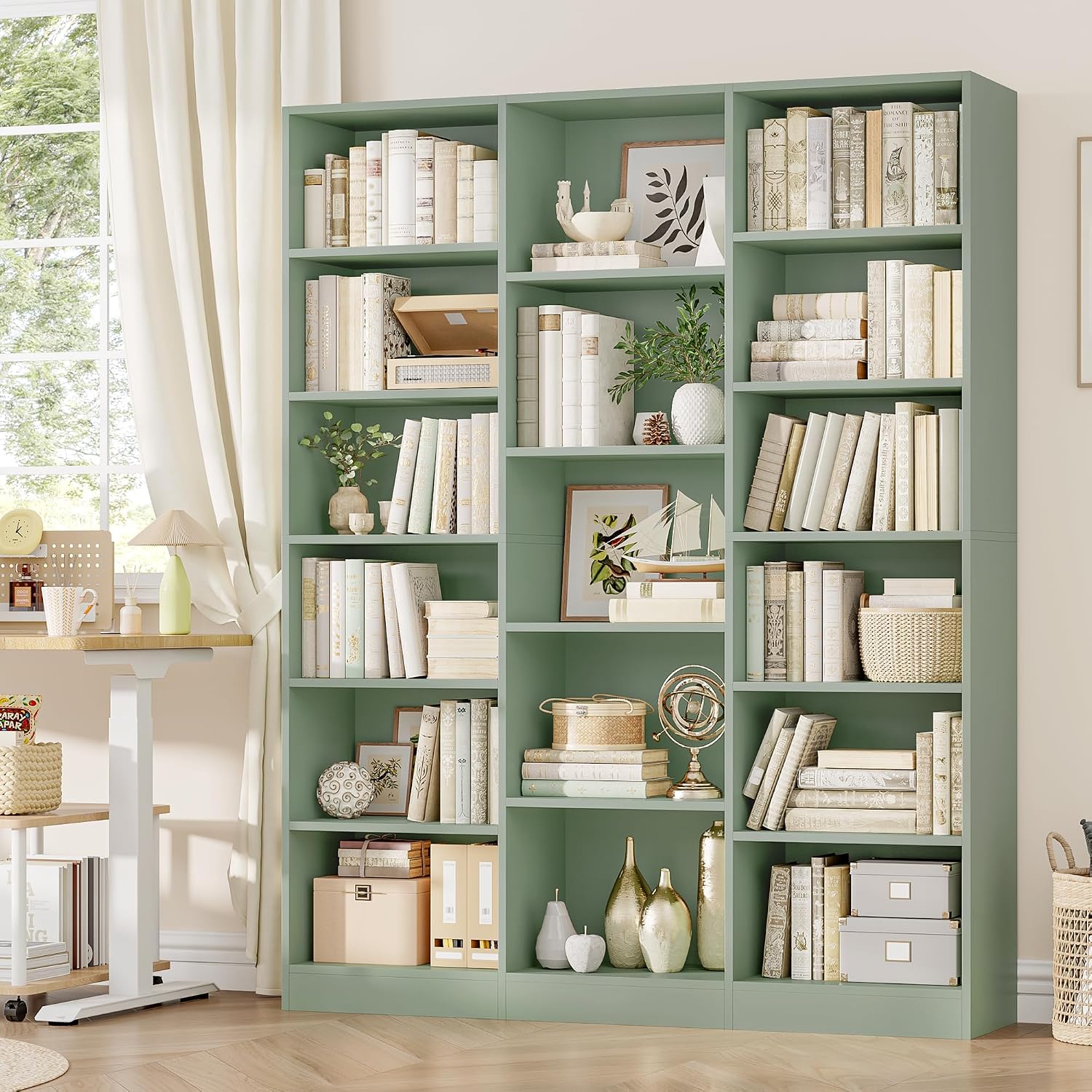 Triple Wide Bookshelf, Large Bookshelf with 17 Display Shelves | 74'' Tall Bookcases and Bookshelves, 58.7'' Extra Wide Book Shelves, 5/6 Tier Shelves for Living Room, Office, Library, Green