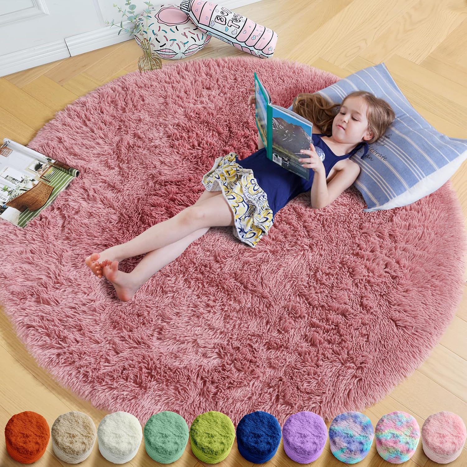 Pink Circle round Fluffy Area Rug 4Ft for Girls Bedroom Kids Room | Fuzzy Shag Plush Furry Carpet, Nursery Classroom Dorm Office Playroom Decor, Cute Princess Aesthetic, Baby Toddler Corner