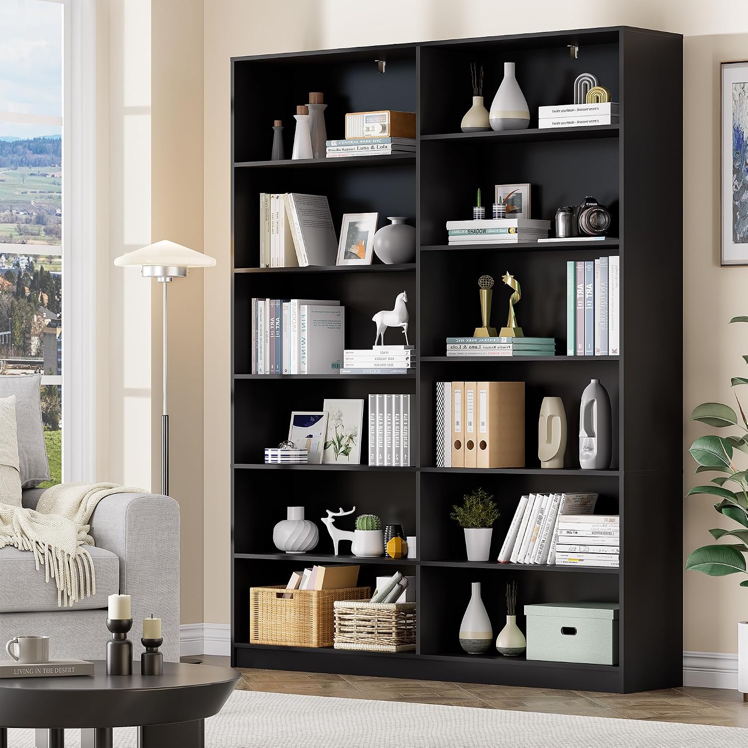6 Tier Open Shelves Bookcase, Black Book Case with 12 Open Shelves, Freestanding Display Storage Shelves, Home Library Bookcase for Living Room Bedroom Office