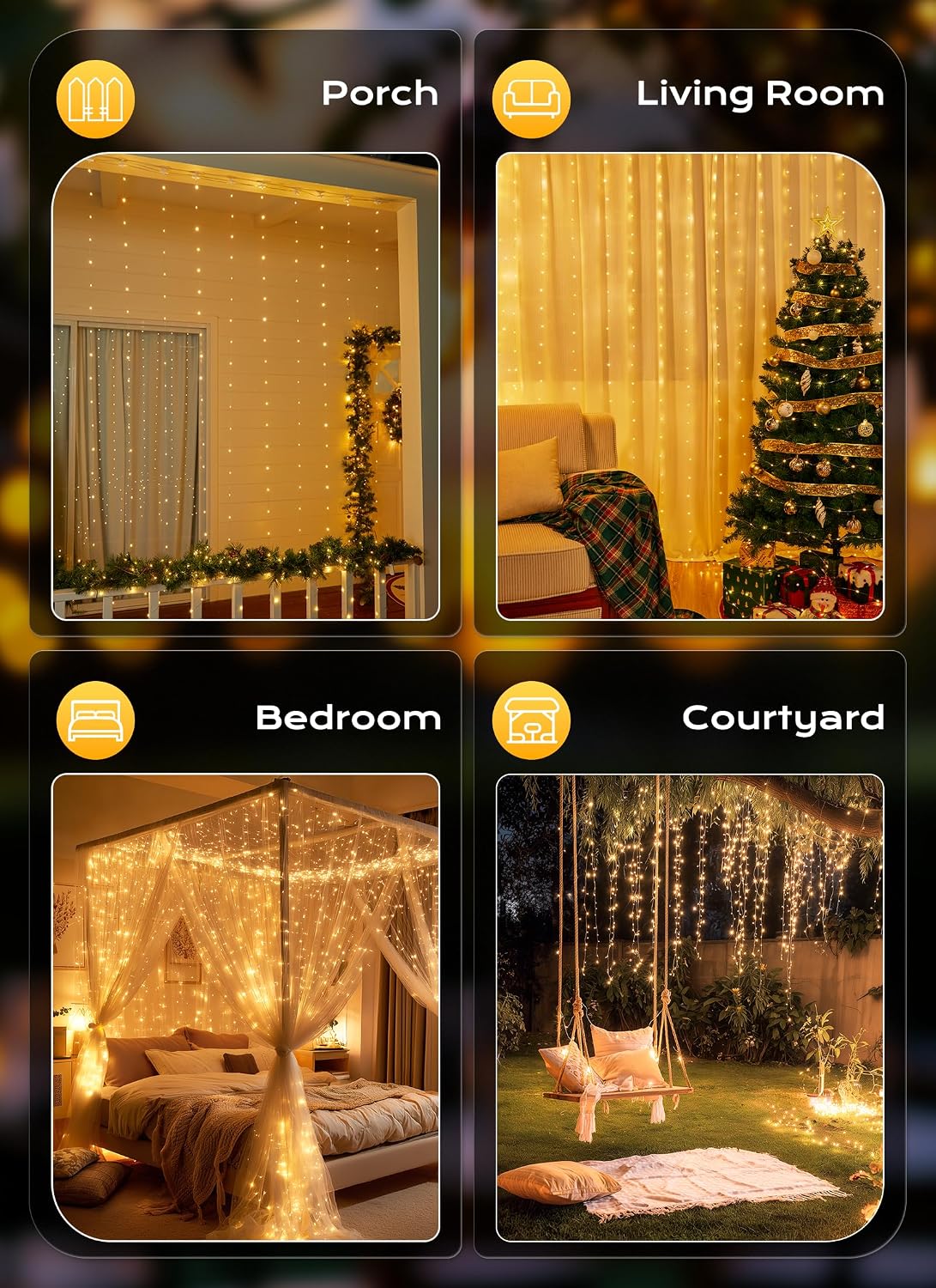 300 LED Fairy Curtain Lights, 9.8Ft X 9.8Ft String Lights | USB Plug in 8 Lighting Modes Christmas String Hanging Lights with Remote for Bedroom Indoor Outdoor Party Xmas Warm White