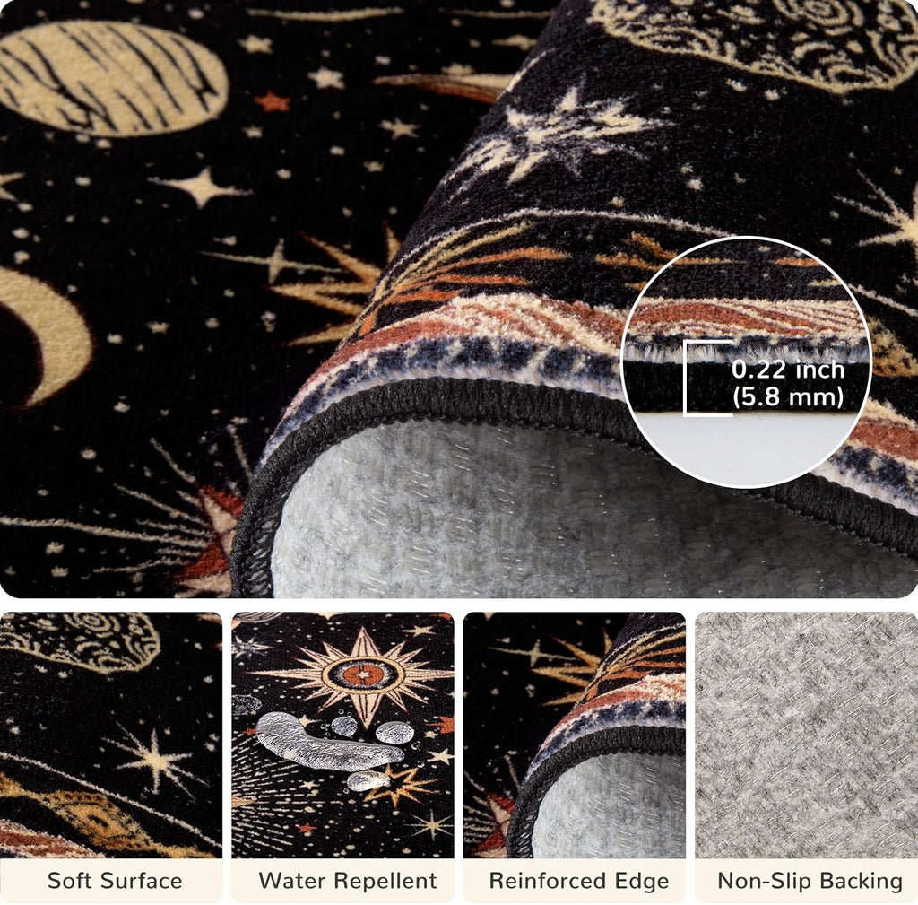 Vacuum-Friendly, 5X7 Washable Area Rug, Black Gold Beige Red | Sun and Moon Boho Gothic Non-Slip Low Pile Living Roon Bedroom Dining Room Kitchen Entry Entryway Entrance Hallway Doormat