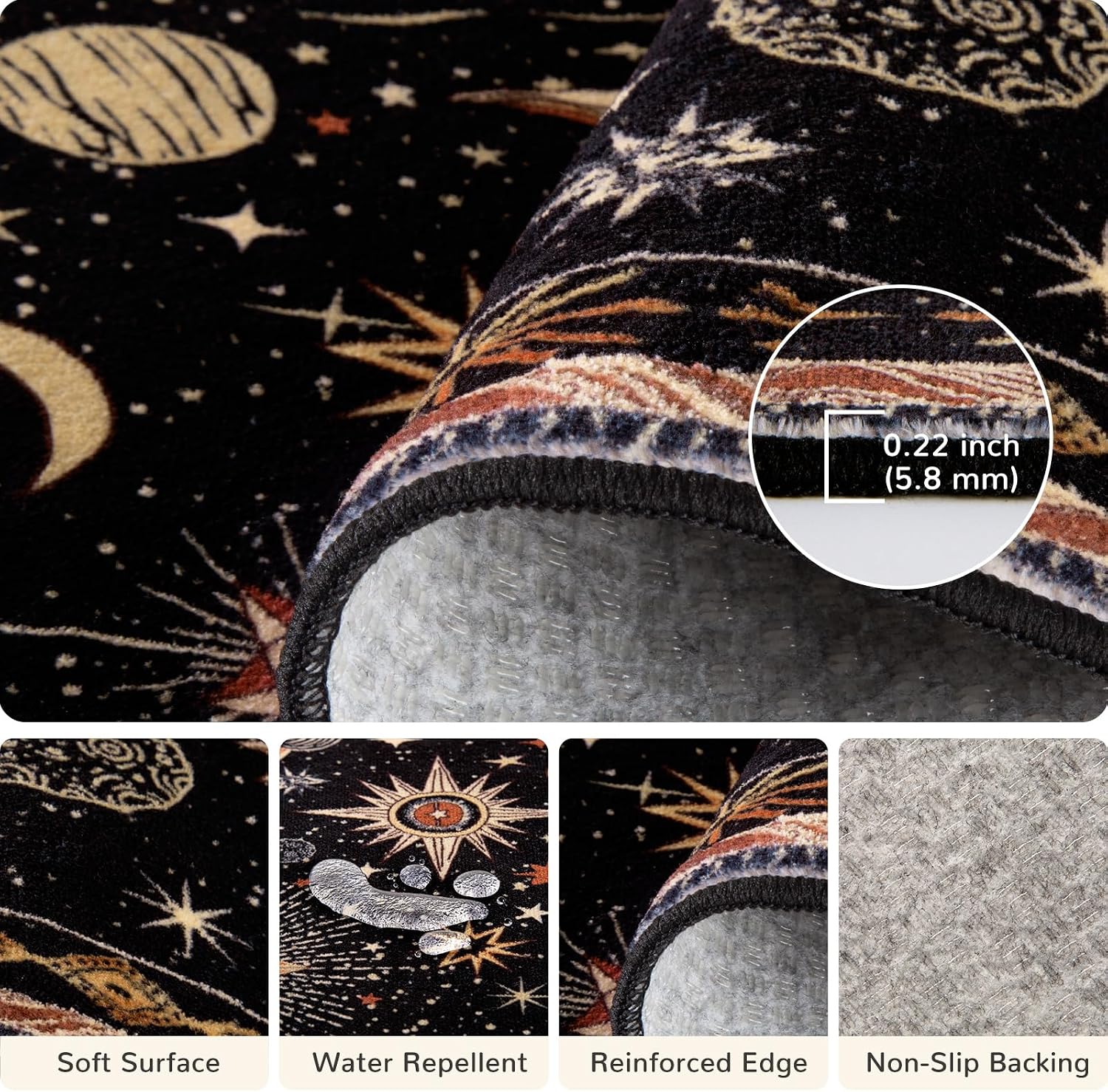 Vacuum-Friendly, 5X7 Washable Area Rug, Black Gold Beige Red | Sun and Moon Boho Gothic Non-Slip Low Pile Living Roon Bedroom Dining Room Kitchen Entry Entryway Entrance Hallway Doormat