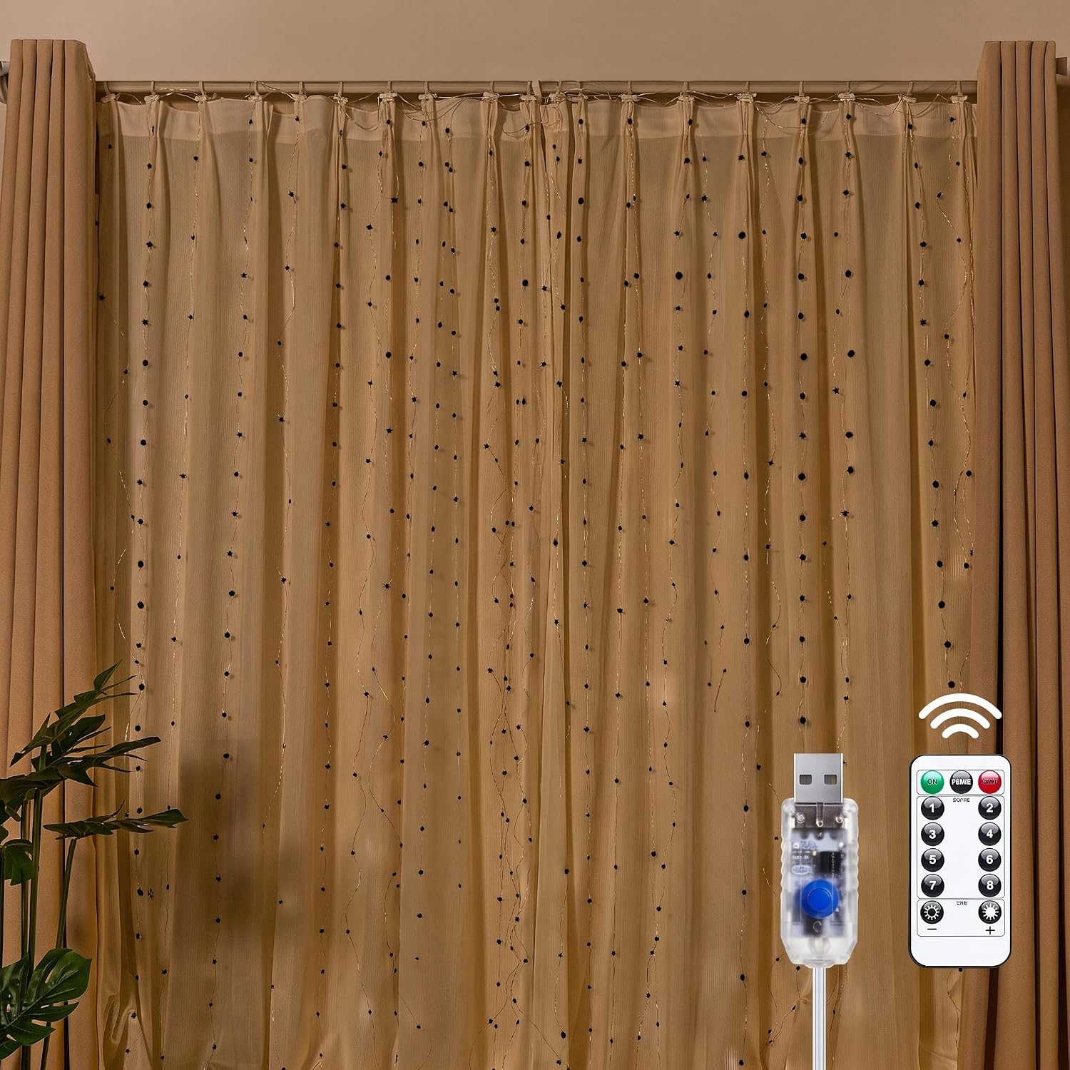 300 LED Fairy Curtain Lights, 9.8Ft X 9.8Ft String Lights | USB Plug in 8 Lighting Modes Christmas String Hanging Lights with Remote for Bedroom Indoor Outdoor Party Xmas Warm White
