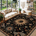 Vacuum-Friendly, 5X7 Washable Area Rug, Black Gold Beige Red | Sun and Moon Boho Gothic Non-Slip Low Pile Living Roon Bedroom Dining Room Kitchen Entry Entryway Entrance Hallway Doormat