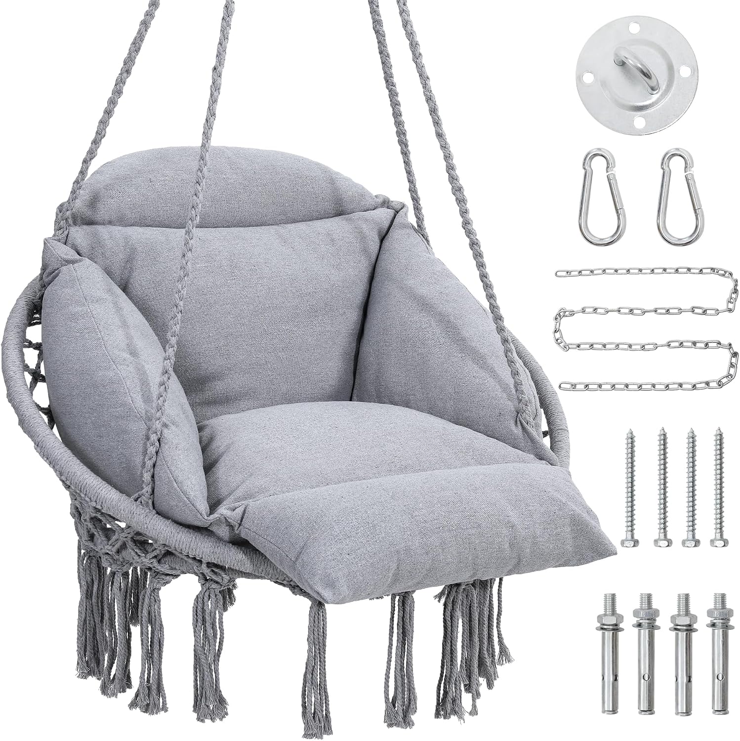 Macrame Swing Chair, Hanging Chair for Bedroom, Thick Cushion | No Assembly, 100% Cotton Rope, Overstuffed Cushion, Rustproof Frame, Handwoven Macrame, Boho Swing for Bedroom, Porch, Beige