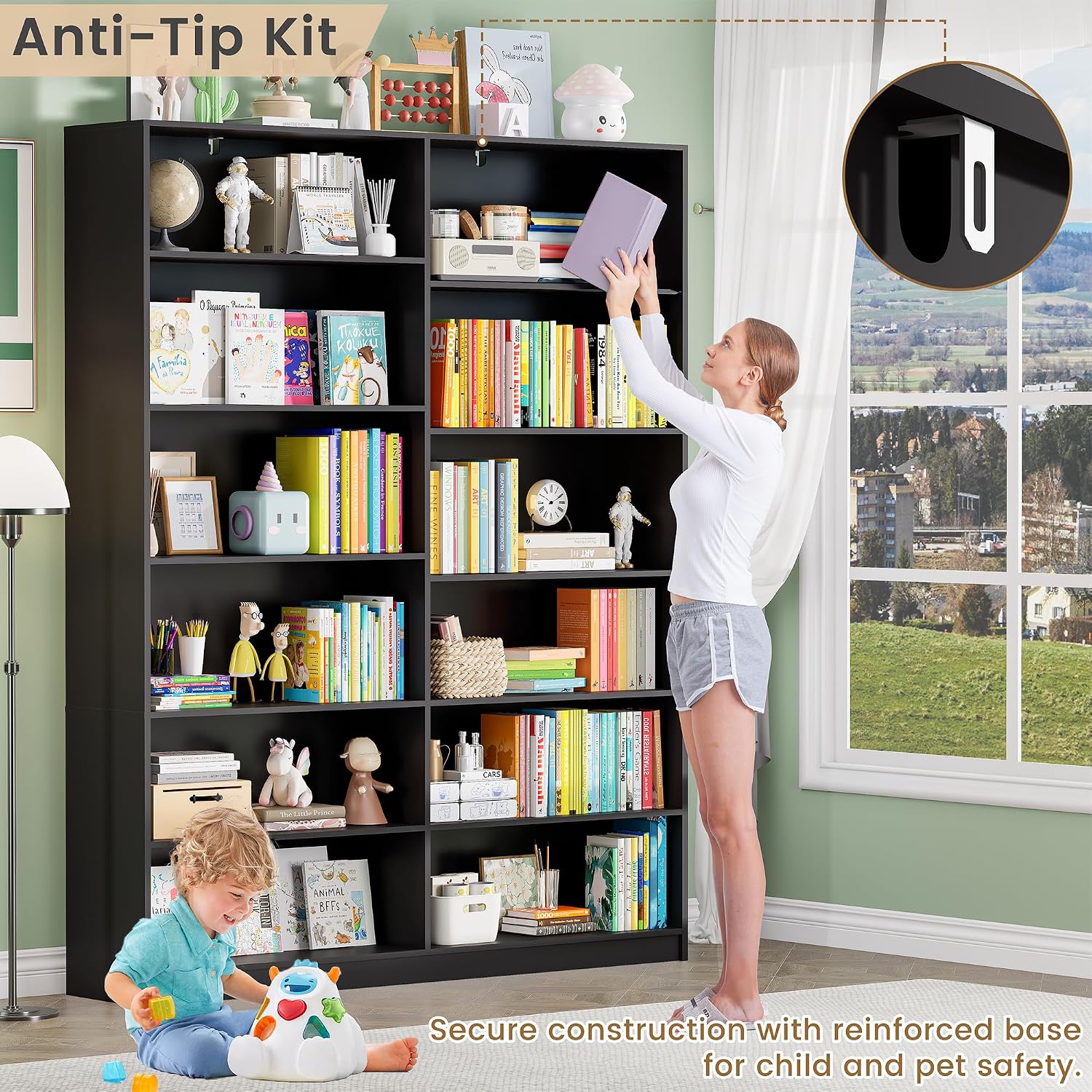 6 Tier Open Shelves Bookcase, Black Book Case with 12 Open Shelves, Freestanding Display Storage Shelves, Home Library Bookcase for Living Room Bedroom Office