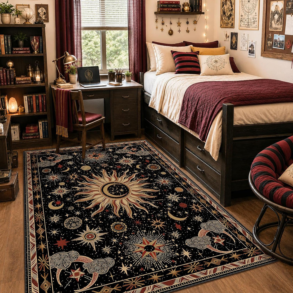 Vacuum-Friendly, 5X7 Washable Area Rug, Black Gold Beige Red | Sun and Moon Boho Gothic Non-Slip Low Pile Living Roon Bedroom Dining Room Kitchen Entry Entryway Entrance Hallway Doormat