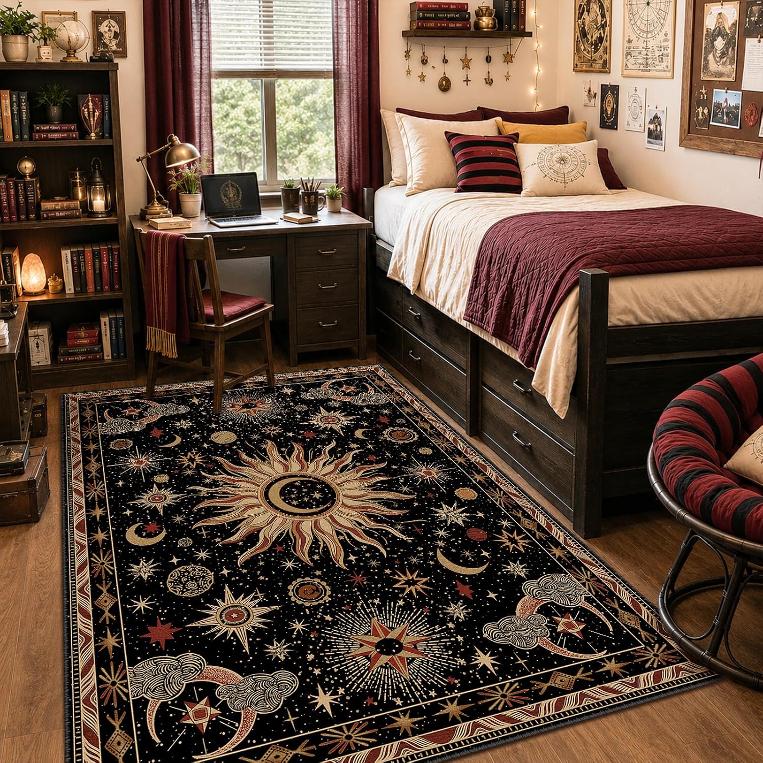 Vacuum-Friendly, 5X7 Washable Area Rug, Black Gold Beige Red | Sun and Moon Boho Gothic Non-Slip Low Pile Living Roon Bedroom Dining Room Kitchen Entry Entryway Entrance Hallway Doormat