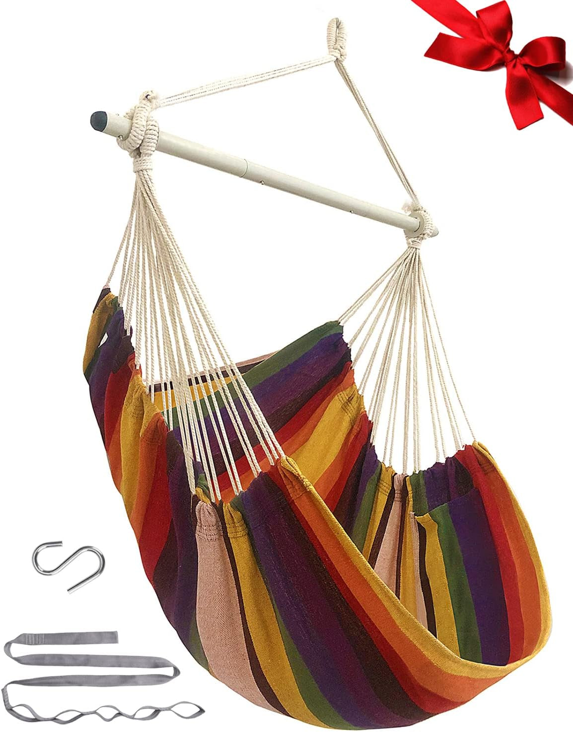 Hammock Chair Swing Indoor Outdoor 500 Lbs, Steel Bar & Anti-Slip | Heavy-Duty Steel Spreader Bar with Anti-Slip Rings, 51"L X 39"W, Includes Tree Strap & Carabiner