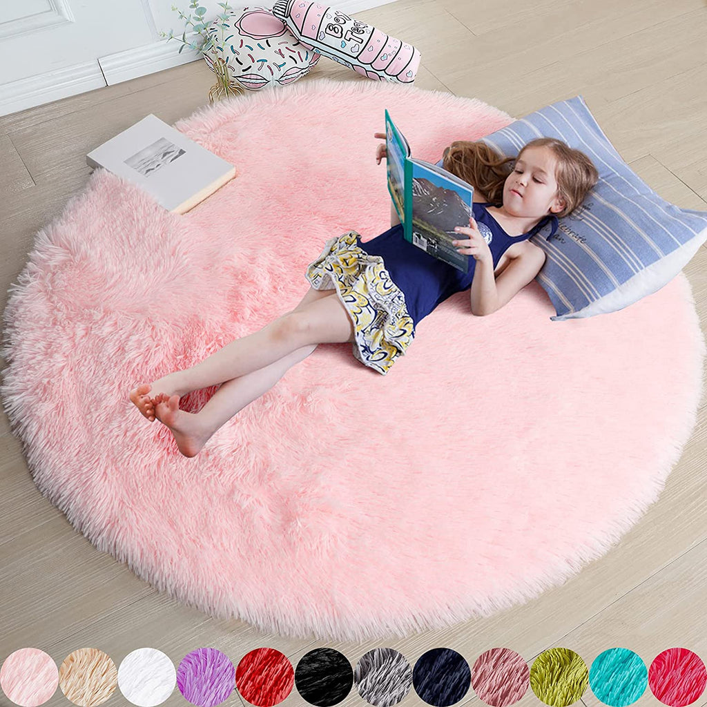 Pink Circle round Fluffy Area Rug 4Ft for Girls Bedroom Kids Room | Fuzzy Shag Plush Furry Carpet, Nursery Classroom Dorm Office Playroom Decor, Cute Princess Aesthetic, Baby Toddler Corner