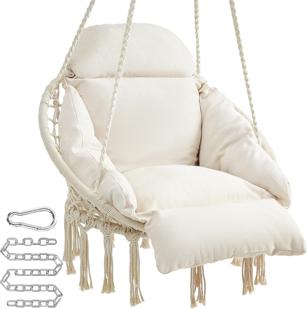 SONGMICS Hanging Chair, Hammock Chair with Large, Thick Cushion, Boho Swing Chair for Bedroom, Patio, Balcony, Garden, Holds up to 264 Lb, Accessories Included, Cream White UGDC042M01 | Hammock Chair with Large, Thick Cushion, Boho Swing Chair for Bedroom, Patio, Balcony, Cream White UGDC042M01