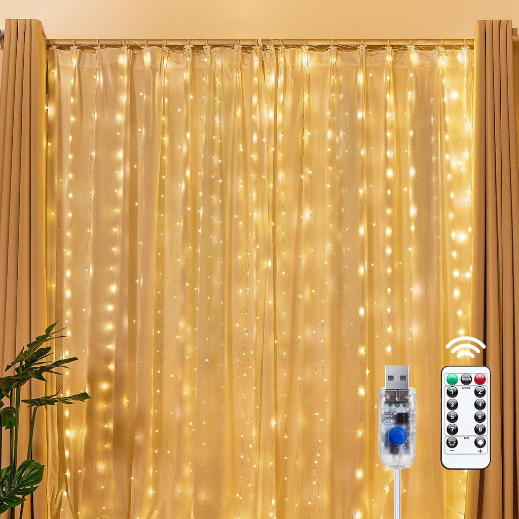 300 LED Fairy Curtain Lights, 9.8Ft X 9.8Ft String Lights | USB Plug in 8 Lighting Modes Christmas String Hanging Lights with Remote for Bedroom Indoor Outdoor Party Xmas Warm White