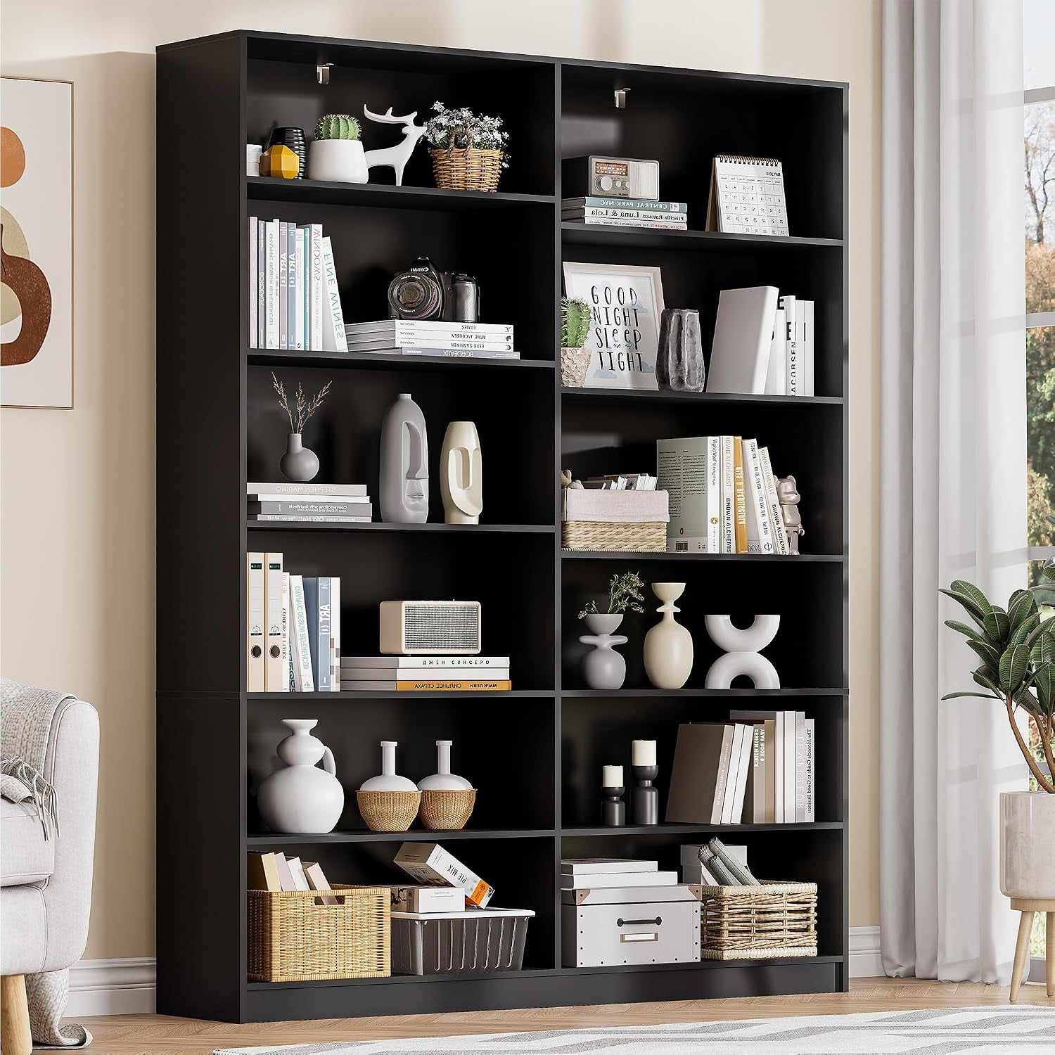 6 Tier Open Shelves Bookcase, Black Book Case with 12 Open Shelves, Freestanding Display Storage Shelves, Home Library Bookcase for Living Room Bedroom Office